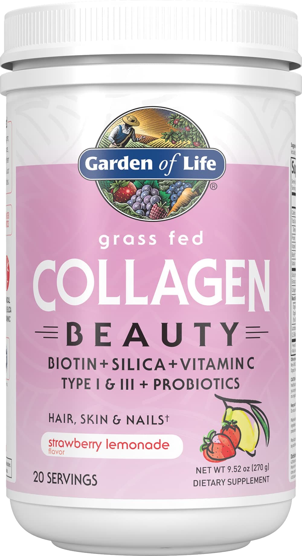 Garden of Life Grass Fed Collagen Beauty - Strawberry Lemonade, 20 Servings, Powder for Women Men Hair Skin Nails, Hydrolyzed Collagen Peptides Protein Powder Supplement