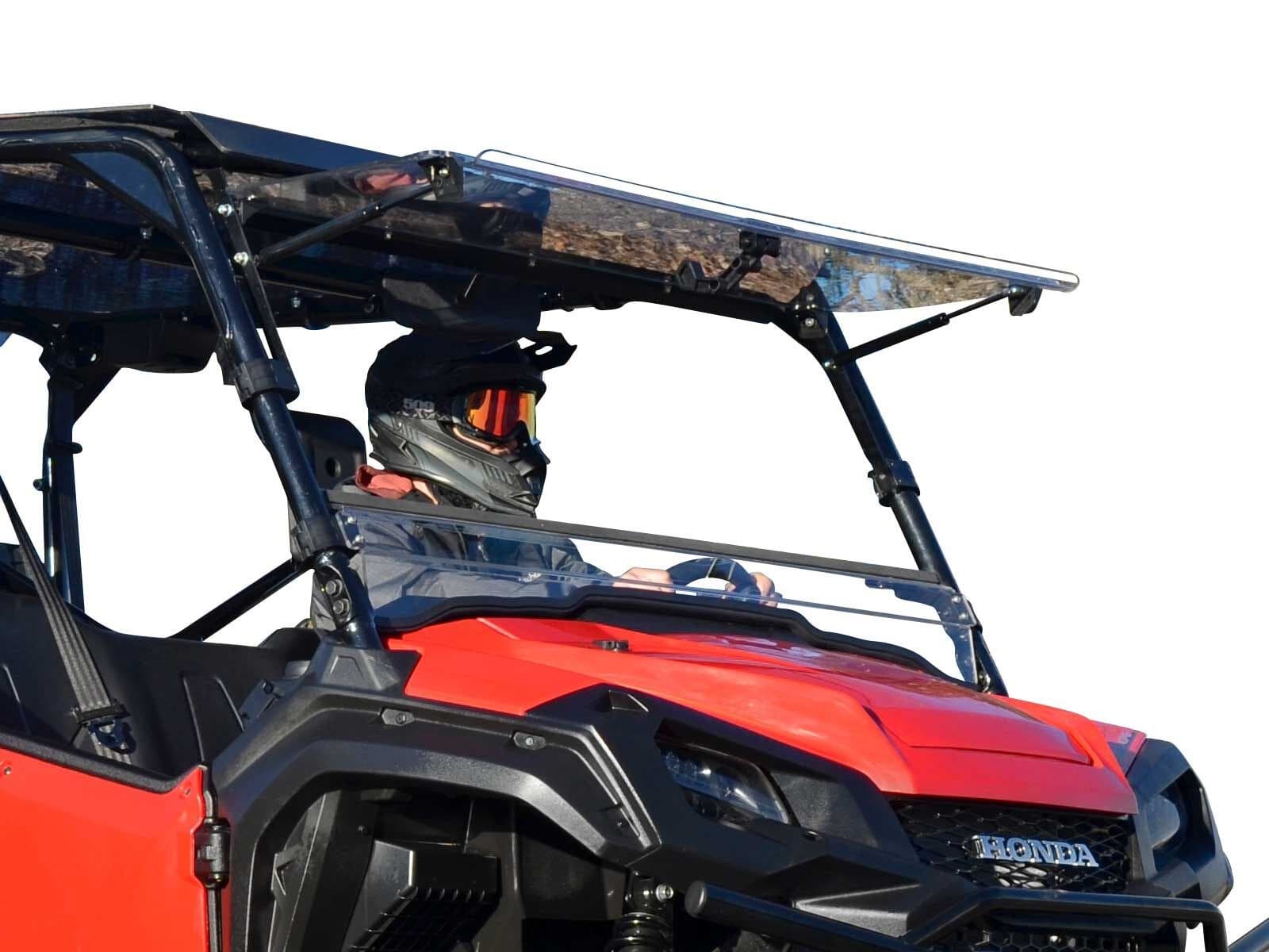 SuperATV Scratch Resistant Clear Flip Windshield For 2016+ Honda Pioneer 1000, 1000-5, Hard Coated on both sides For Extreme Durability, Can be Set to 3 Different Settings