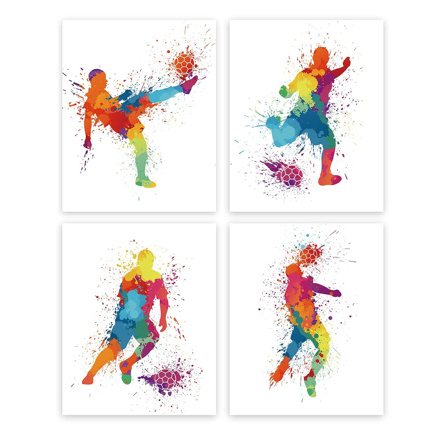 Football Art Print,Watercolor Soccer Player Art Picture Poster,Set of 4 (8" X 10") Football Pictures Canvas,Abstract Sport Wall Art Picture For Boys Teens Room Living Room Children Dorm Decor Unframed