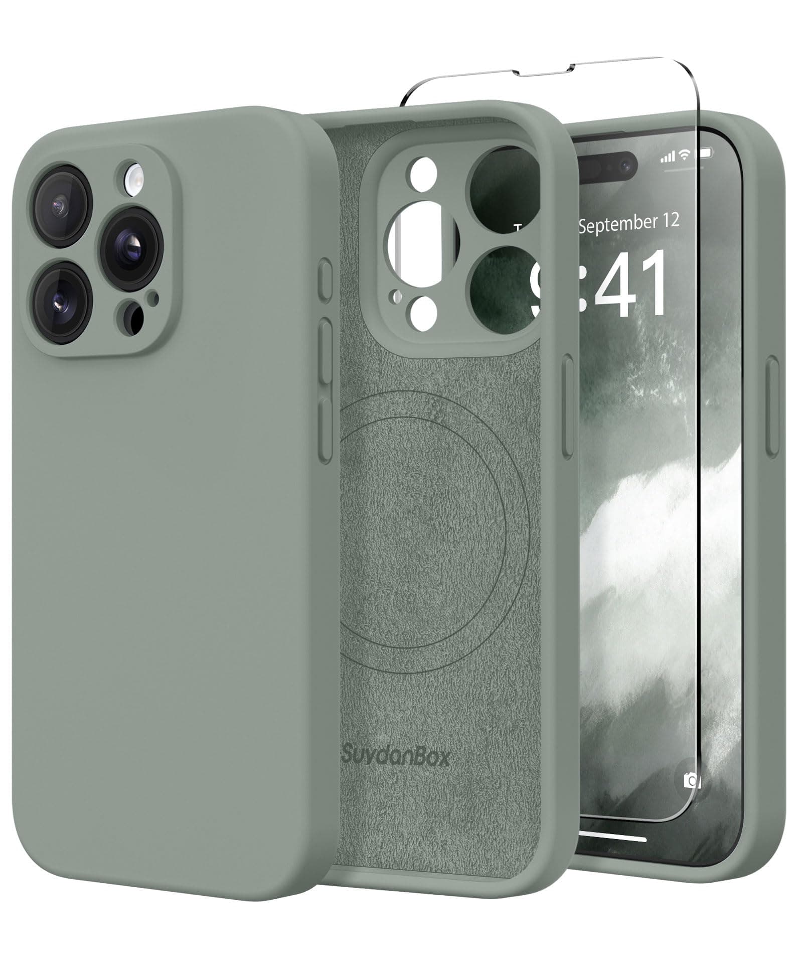 Magnetic for iPhone 15 Pro Case, Compatible with MagSafe, [Full Camera Protection][Screen Protector] Silicone Shockproof Protective Phone Case for iPhone 15 Pro 6.1", Calke Green