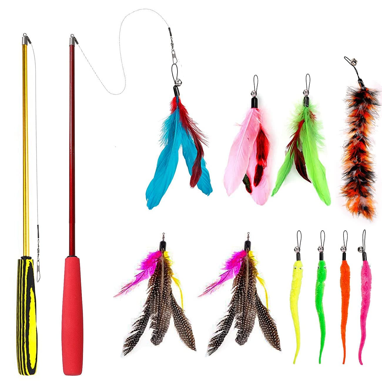 Feather Teaser Cat Toy - 2 Pcs Retractable Cat Toys Wand and 10 Replacement Refills Assorted Feathers Birds Worms Catcher with Bell, Interactive Teaser and Funny Exercise for Kitten Cats