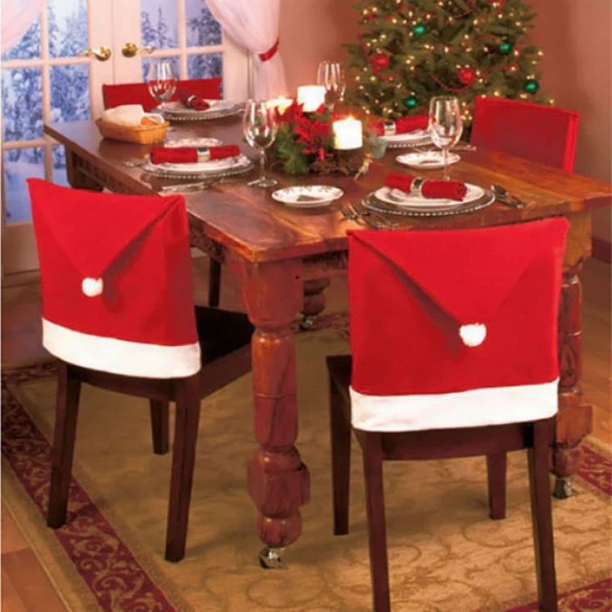 Set of 4 Pcs. Santa Clause Red Hat Chair Back Cover Christmas Dinner Table Party Decor Color : Red/ White Size 60 × 50 CM (L × W)