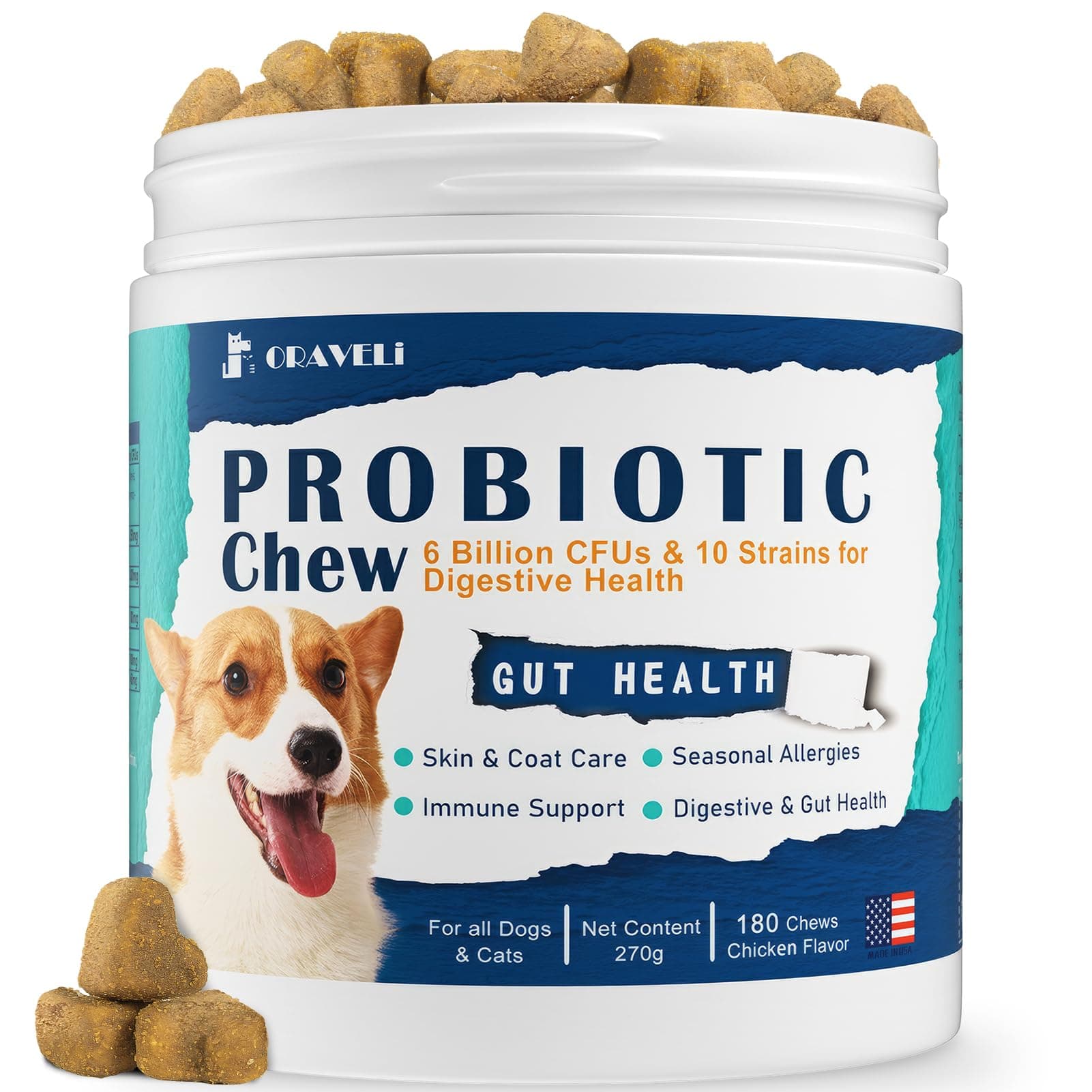ORAVELi Probiotics for Dogs - Dog Probiotics with Prebiotics & Digestive Enzymes, Support Cut Health, Digestive Health & Immune System, Diarrhea & Allergy Itch Relief, 180 Soft Chews