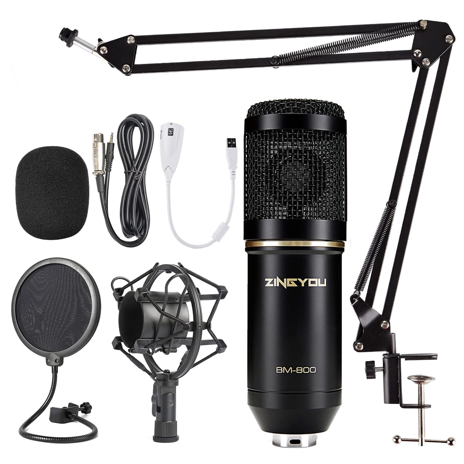 ZINGYOU Condenser Microphone Kit, BM-800 Mic Set with Adjustable Mic Suspension Scissor Arm, Metal Shock Mount and Double-layer Pop Filter for Studio Recording & Broadcasting(Black)