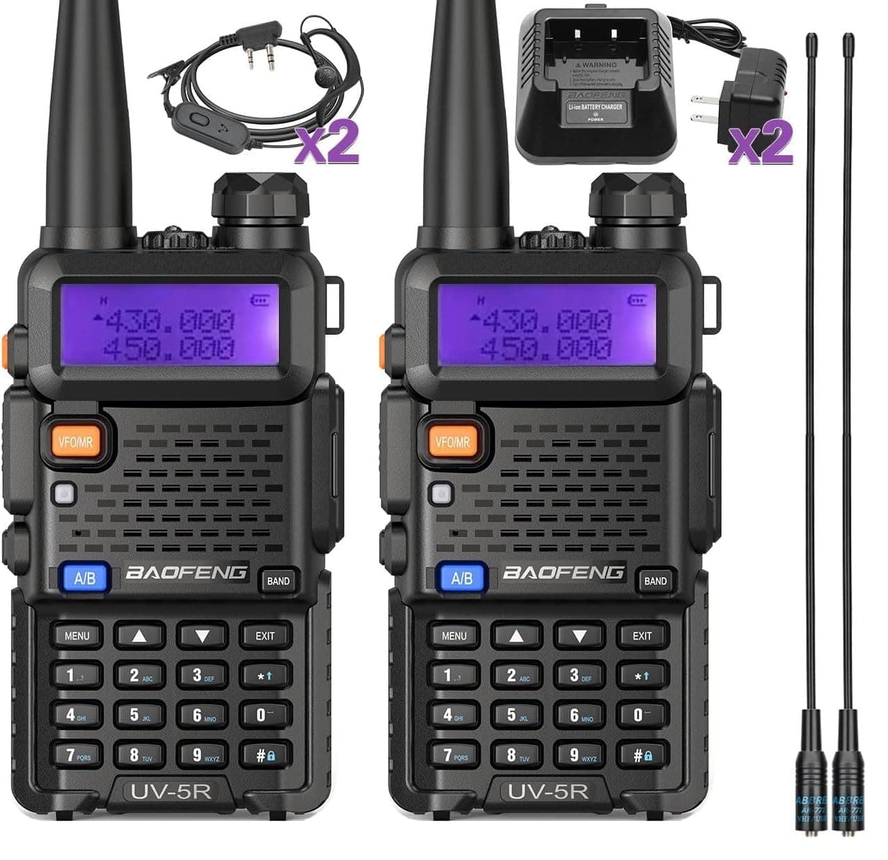 Radio Ham Radio UV-5R Long Range UV5R Dual Band VHF UHF Rechargeable Walkie Talkies for Adults Handheld Two Way Radio with Earpiece AR-771 Full Kit for Camping Hunting Survival Gear,2Pack