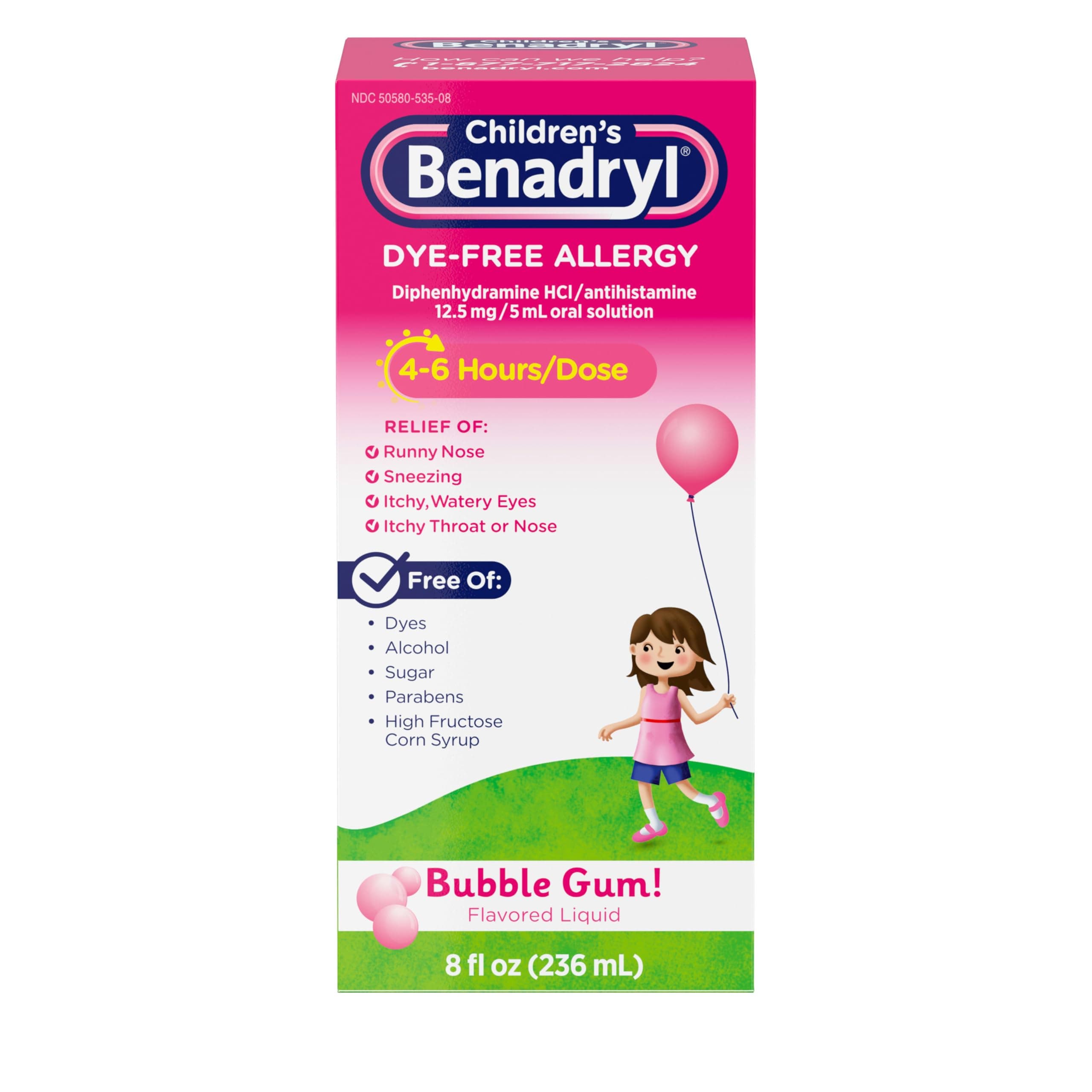 Benadryl Children’s Dye-Free Allergy Relief Liquid, Allergy Medicine for Kids, 12.5 mg Diphenhydramine HCl Antihistamine, Relieves Runny Nose & Sneezing, Paraben-Free, Bubble Gum Flavor, 8 fl.