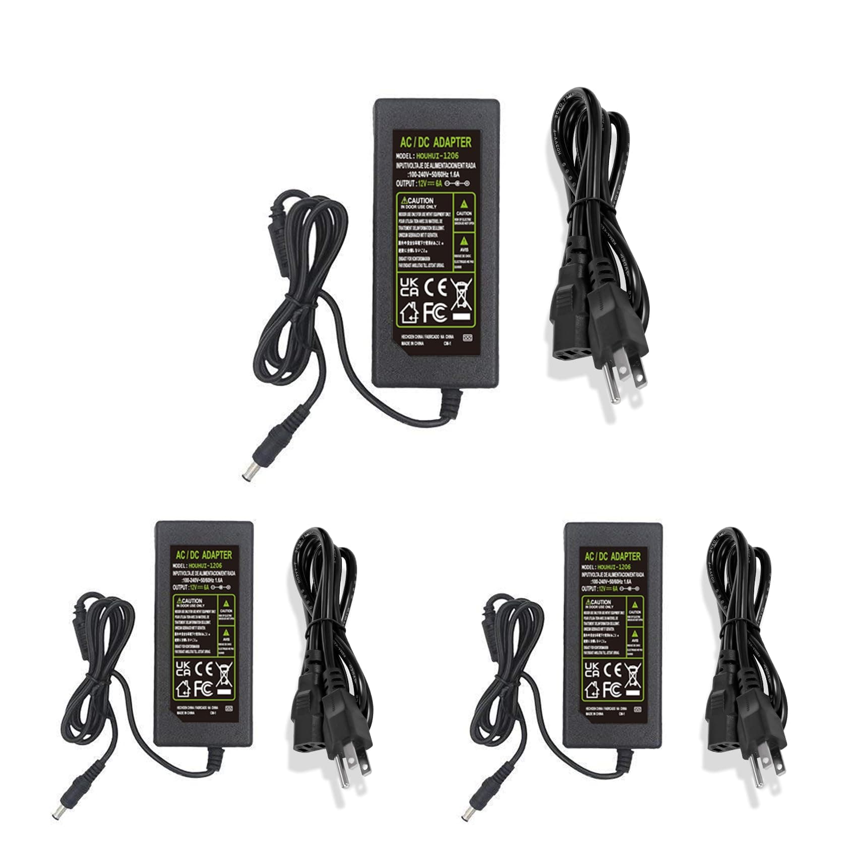 HOUHUI 12 Volt 6 Amp Power Supply Adapter Converter Regulator, 12V AC/DC Adapter with 5.5mm x 2.1mm DC Plug, Output 12V 6A 72W Wall Plug Switch DC Power Supply for DC12V 5050 LED Strip Light-3 Packs