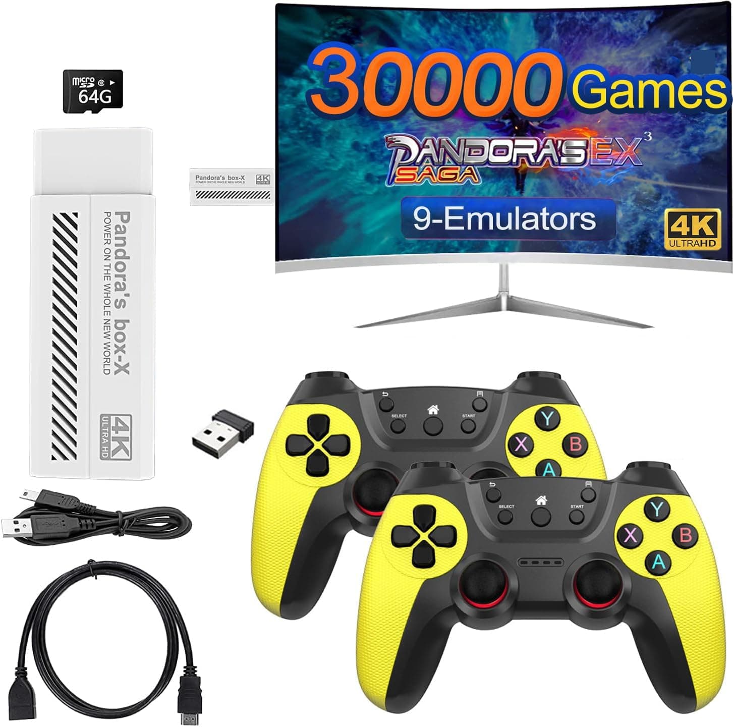 Wireless Retro Game Console , 30000+ games Retro Gaming Console , Retro Game Stick , Plug & Play Video TV Game Stick , Built-in 64G , 9 Emulators , Premium Gaming Dual Controllers ( white+yellow )
