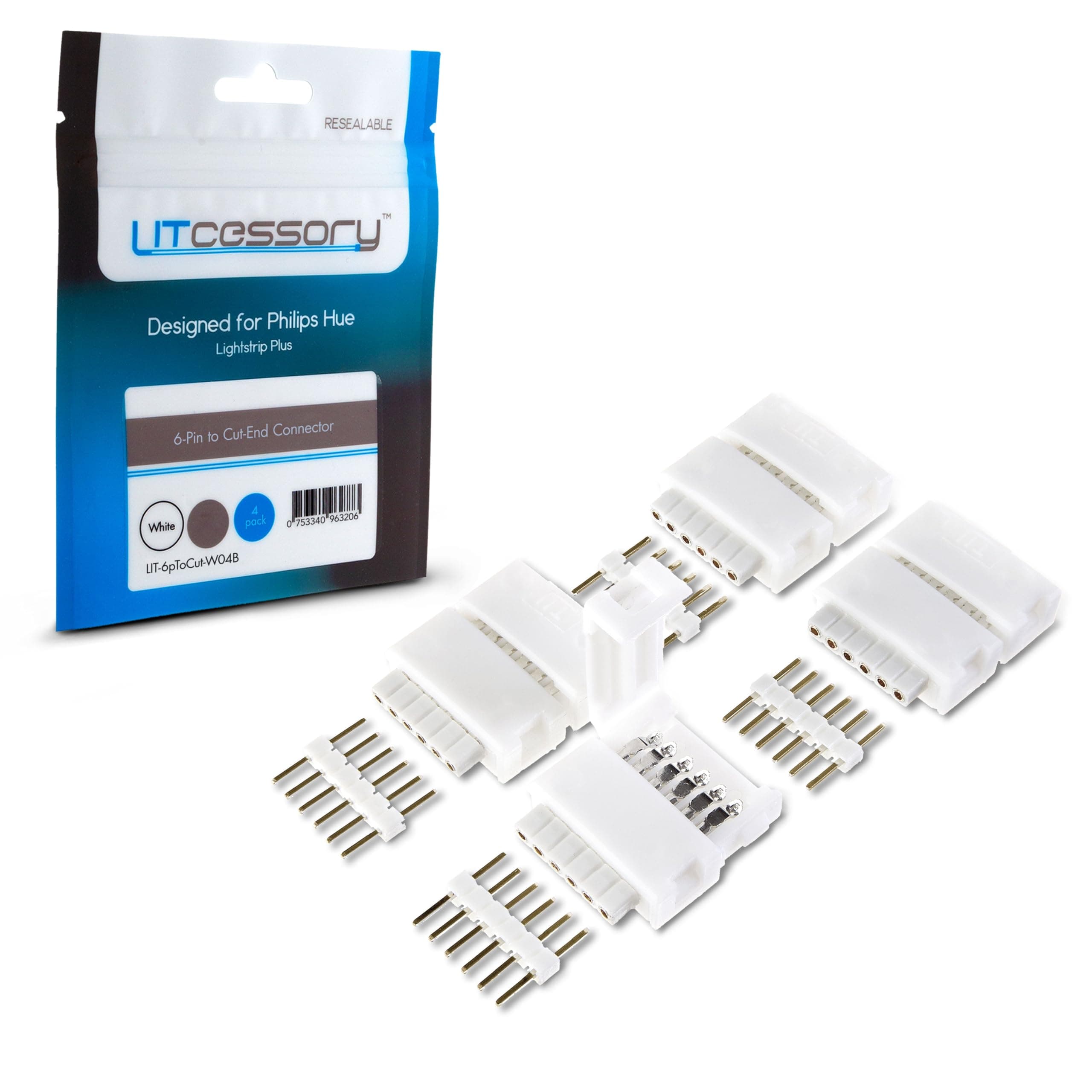 Litcessory 6-Pin to Cut-End Connector for Philips Hue Lightstrip Plus (4 Pack, White)