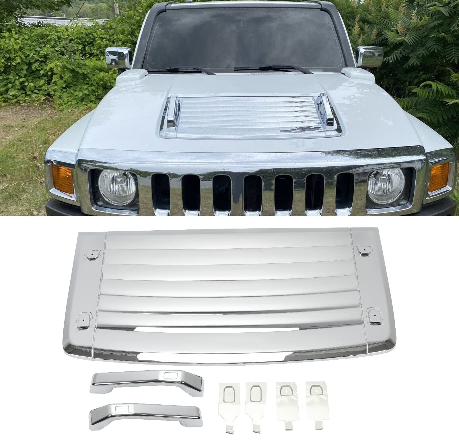 HECASA 3Pcs Silver Hood Vent Compatible with 2006-2010 Hummer H3 & H3T's w/Handles New Chrome Hood Deck Vent Panel Handle Covers Trim Moulding