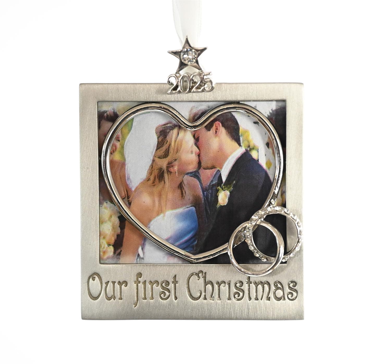 Our First Christmas 2025 Photo Ornament 3" * 3" Hand Crafted Pewter with Austrian Crystals