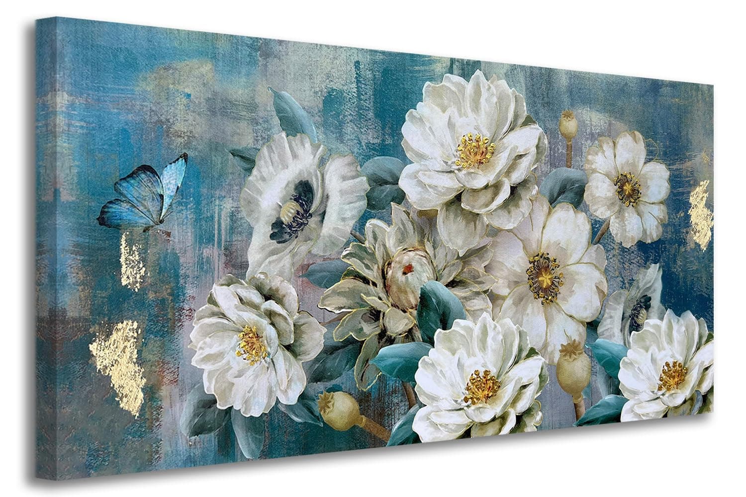 Arjun Flower Canvas Wall Art for Bedroom White Elegant Teal Picture, Textured...