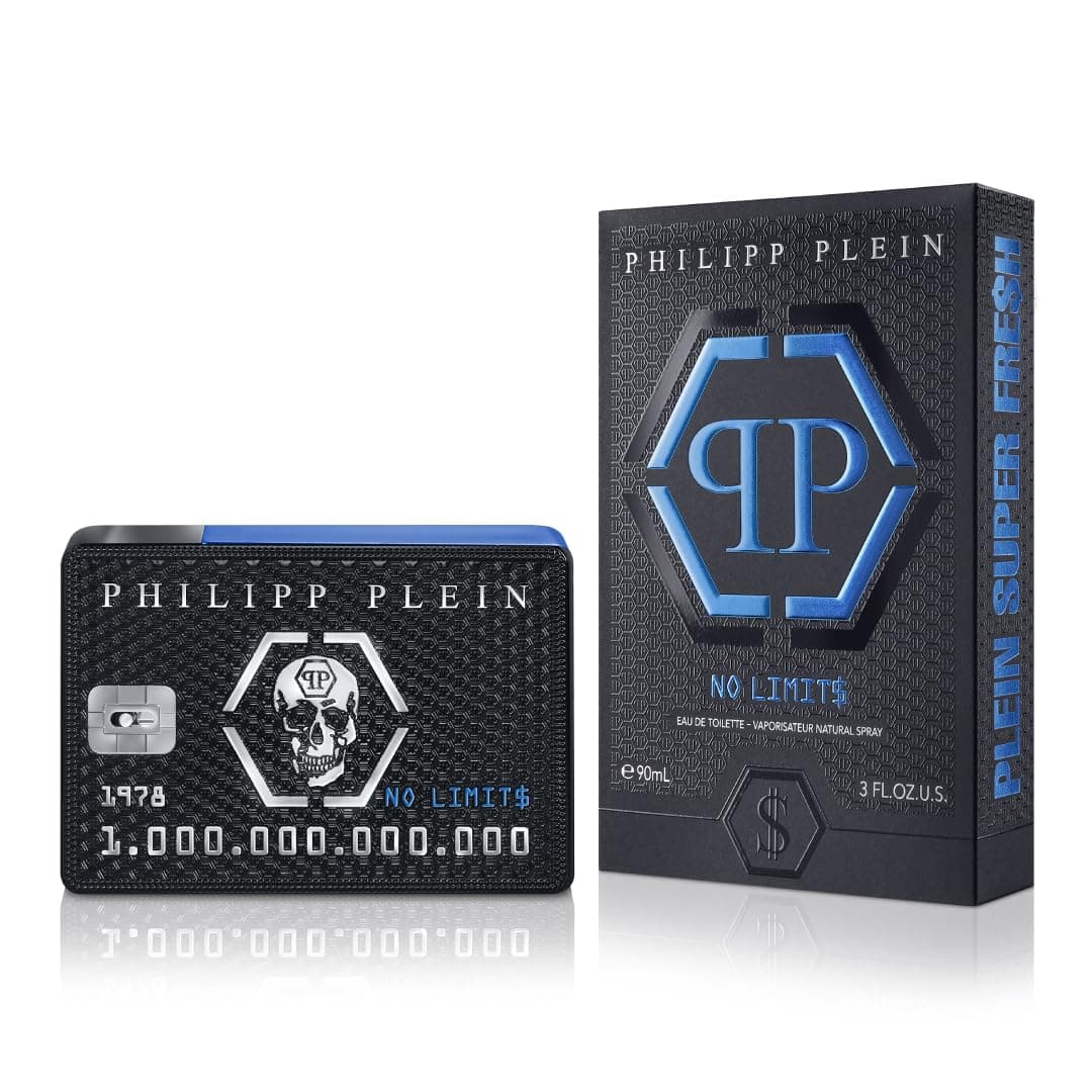 Philipp Plein – Eau de Toilette No Limits Super Fresh 90 ml – Parfum Homme – Notes Fraîches et Boisées – Une Vague d'Énergie, d'Hédonisme et de Succès – Boisé Frais – Flacon en Verre Laqué Noir et Bleu