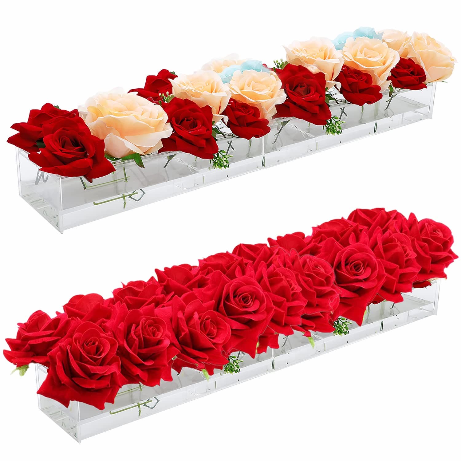 2 Pack Clear Acrylic Vase for Flowers, 17 Inch Long Rectangular Vase with 18 Holes, Low Floral Modern Vases for Centerpieces for Wedding Table and Dinning Room.