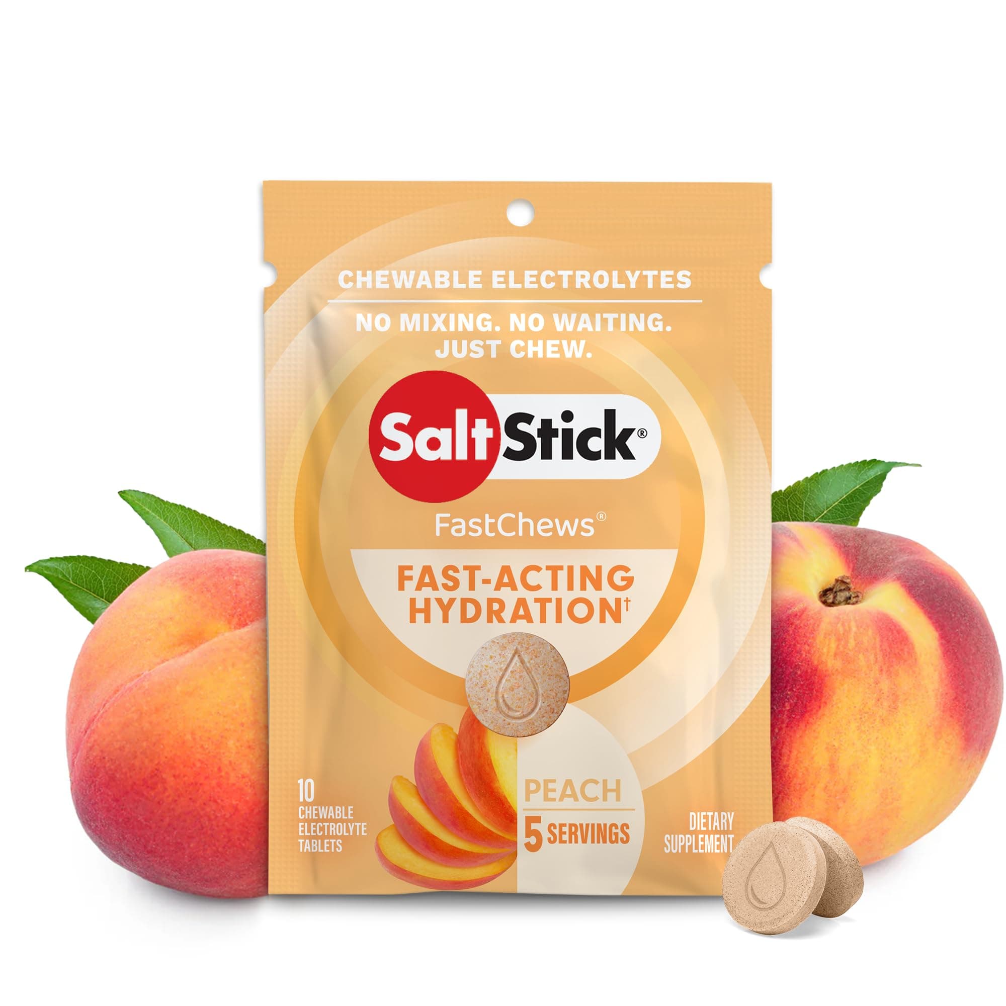 SaltStick Fastchews, Electrolyte Replacement Tablets for Rehydration, Exercise Recovery, Youth & Adult Athletes, Hiking & Sports Recovery, 1 x Packet of 10 Tablets (Peach)