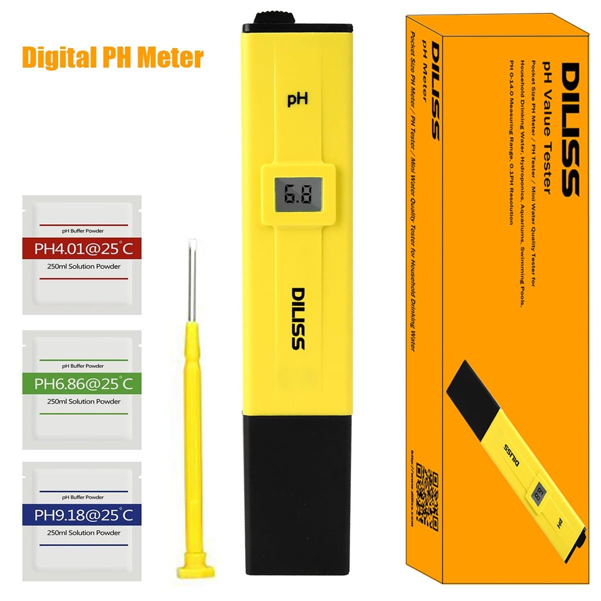 DILISS Digital PH Meter/PH Tester/Mini Water Quality Tester for Household Drinking Water, Hydroponics, Aquariums, Swimming Pools, 0.1PH Resolution - Extra PH Calibration Solution Mixture