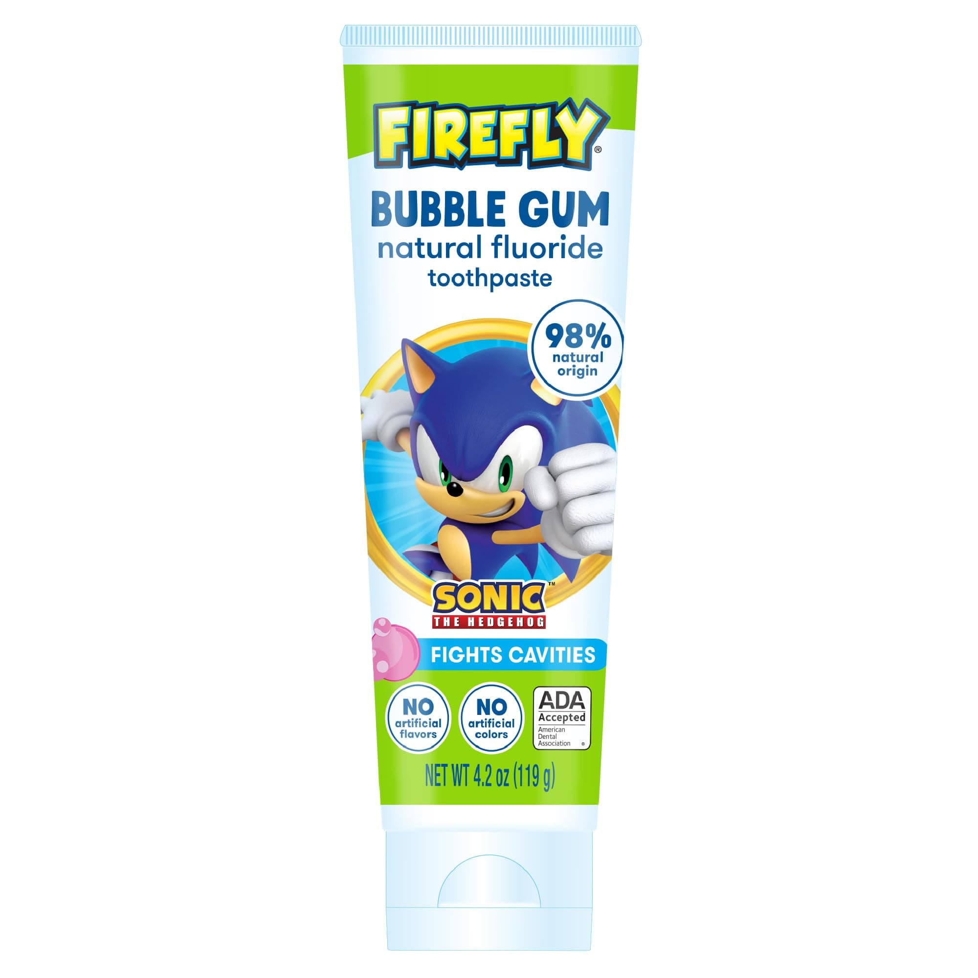 Firefly Kids Anti-Cavity Natural Fluoride Toothpaste, Sonic The Hedgehog, Bubble Gum Flavor, ADA Accepted, 4.2 OZ