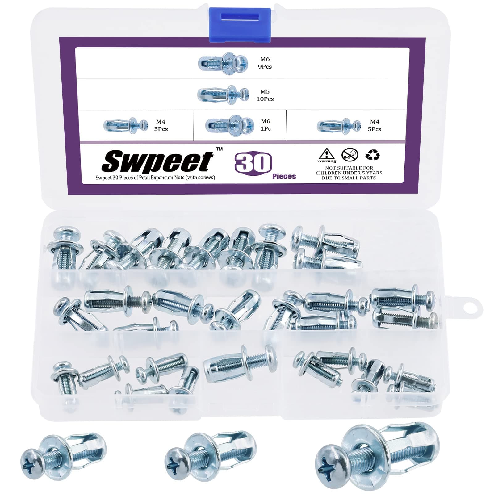 30Pcs M4 M5 M6 Jack Nuts Petal Nuts Expansion Nut Thins Fixings Dowels with Screws Assembly for Hollow Wall Iron Skin Line Use in Thin Soft Wall (Assortment Kit)