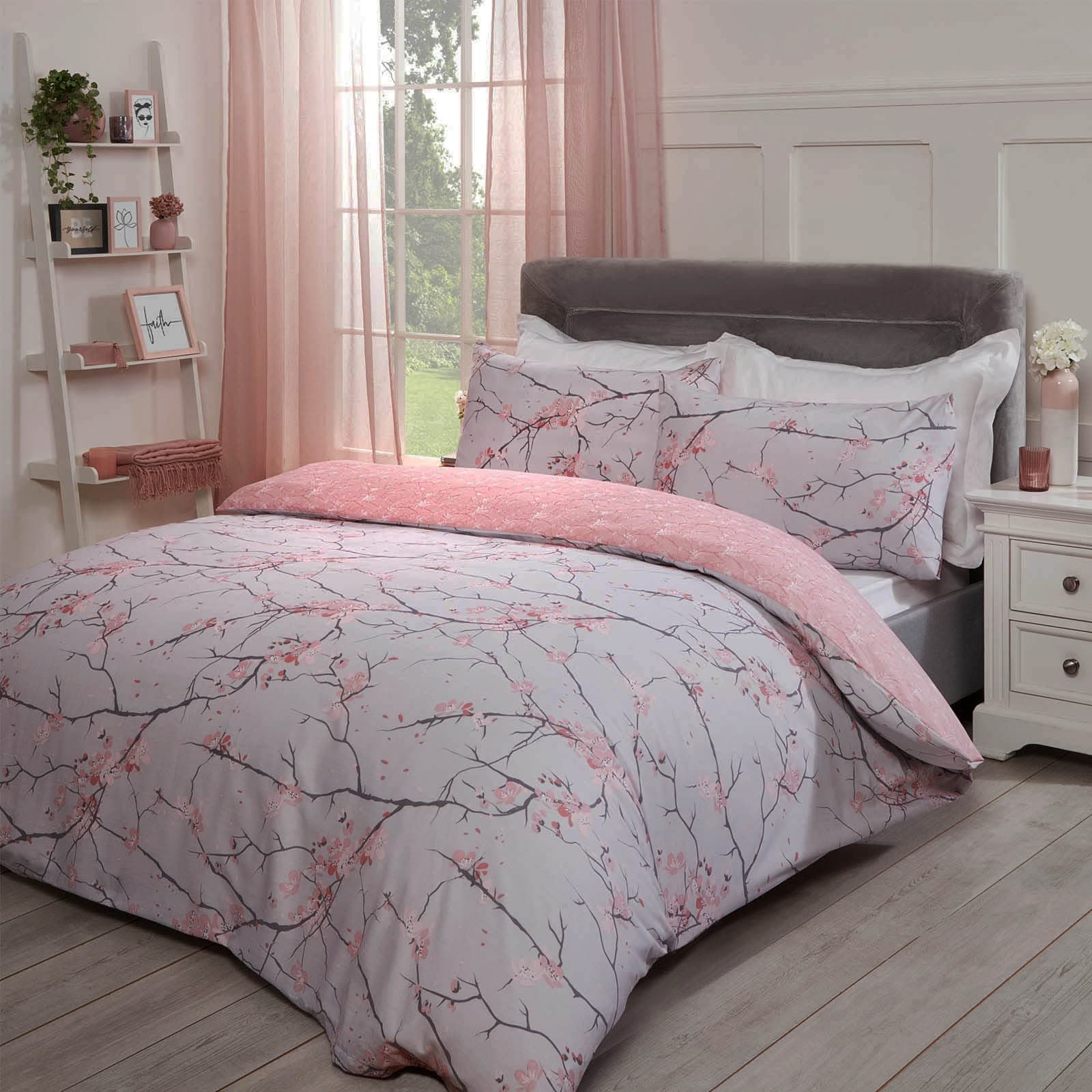 Spring Blossom Duvet Cover with Pillowcase Reversible Floral Bedding Set, Blush Pink - King Size Bed