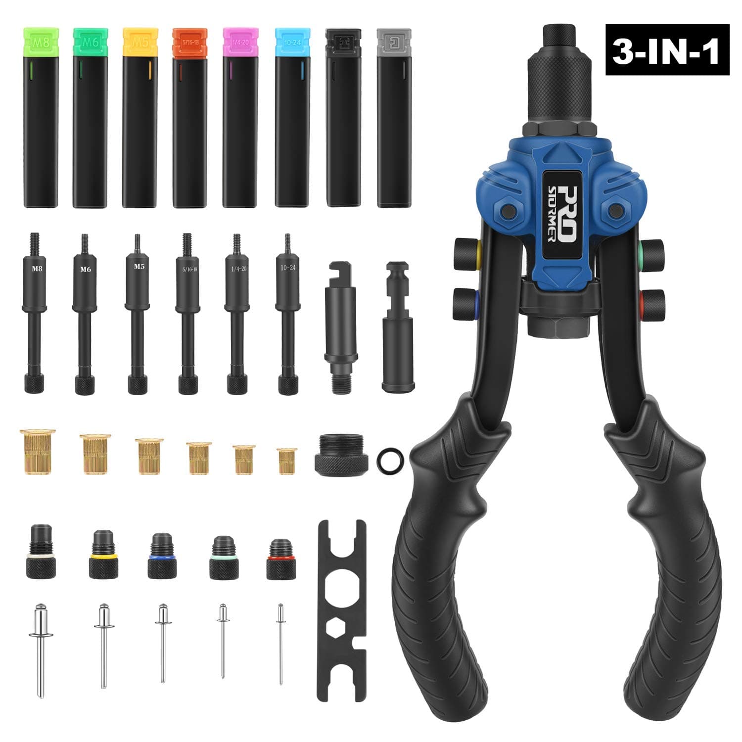 Prostormer Rivet Nut Tool Rivet Gun Reamer Set, 3 in 1 Hand Riveter Nut Setter Kit with 6 Metric & SAE Mandrels, 2 Reaming Mandrels, 50Pcs Rivets, 60Pcs Rivet Nuts and Rugged Carrying Case