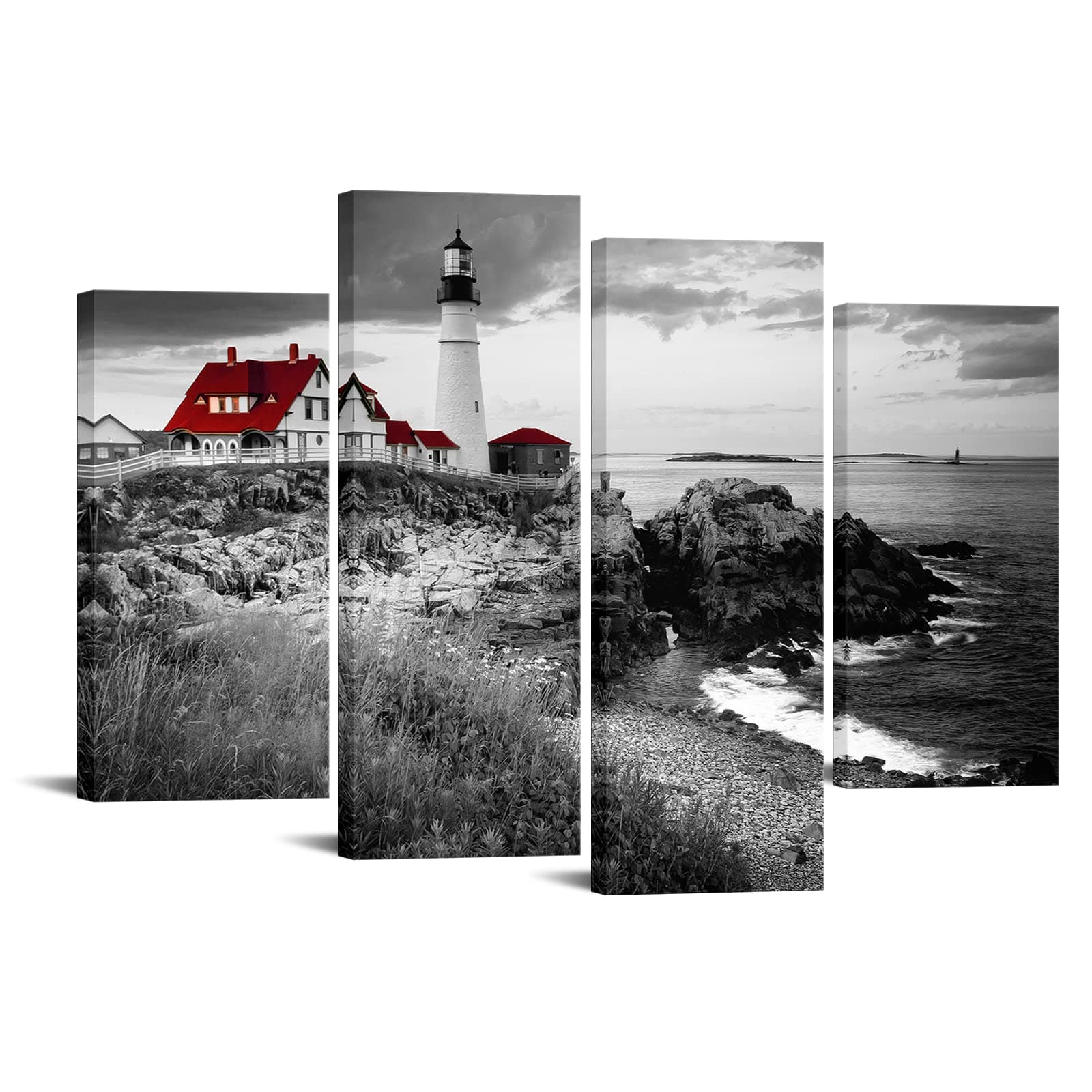 Nachic Wall 4 Piece Black and White Red Wall Art Portland Lighthouse Picture Canvas Painting Ocean Beach Landscape Artwork for Home Living Room Wall Decoration Stretched Ready to Hang