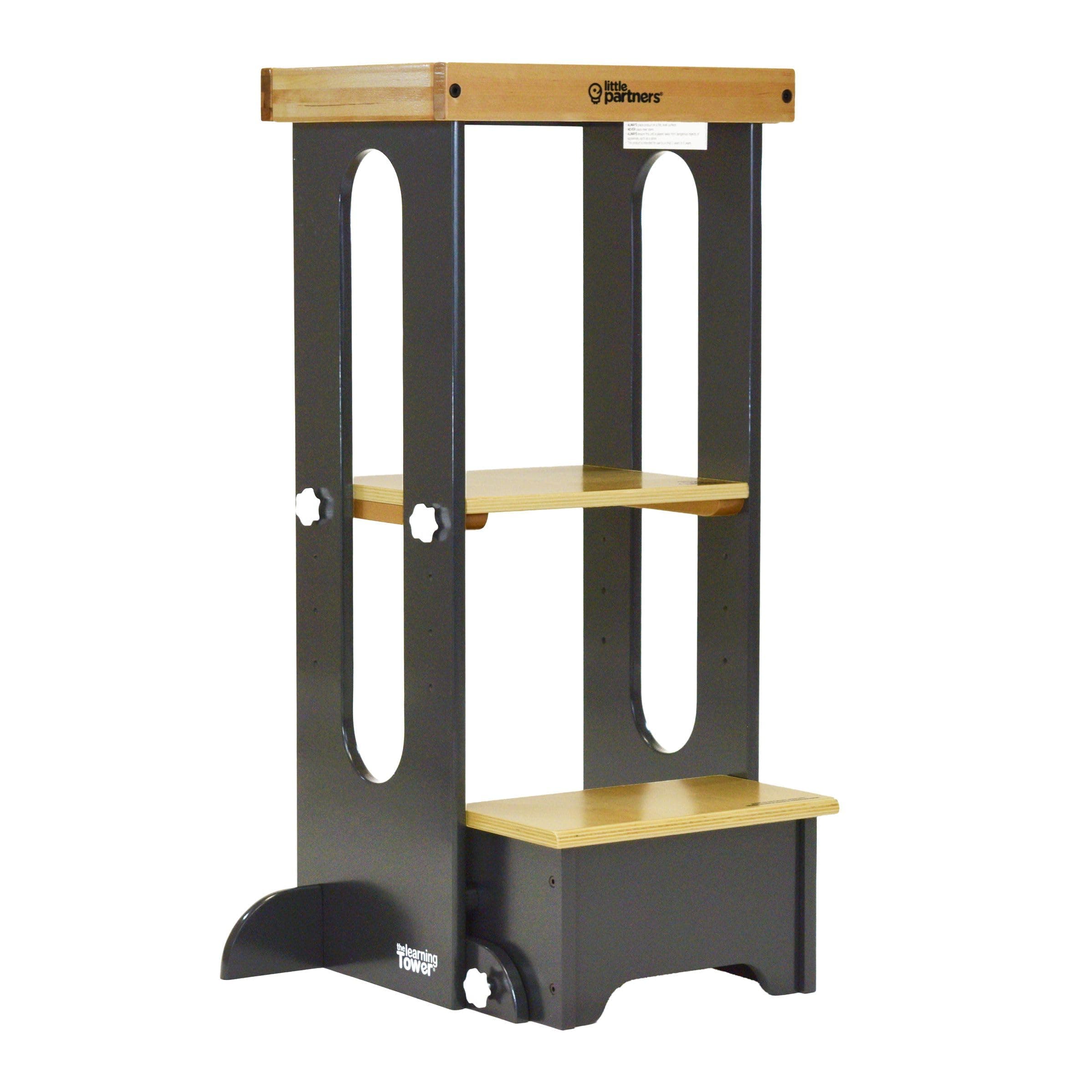Little Partners Foldable Toddler Tower, Learning Tower Explore 'N Store Montessori Standing Kitchen Tower with Folding Step Stool Platform for Cooking and Learning, Ages 2+ (Charcoal)