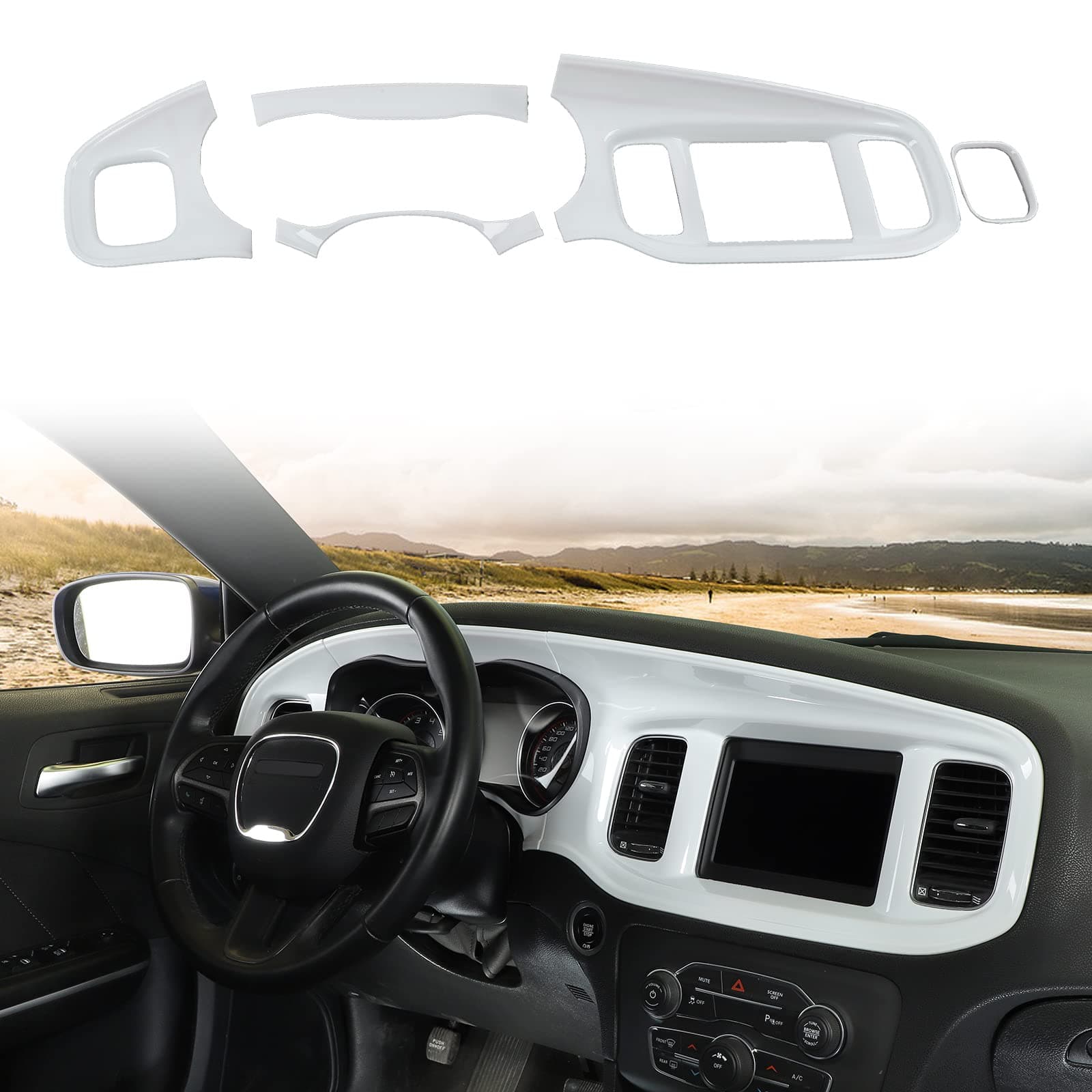 JWWY for Charger Center Console ダッシュボード ダッシュボード 計器ゲージ クラスター ダッシュ 筋膜 トリムパネル ガーニッシュベゼル 2015-2024+ ダッジチャージャー インテリアアクセサリー、ABS ホワイト 5個