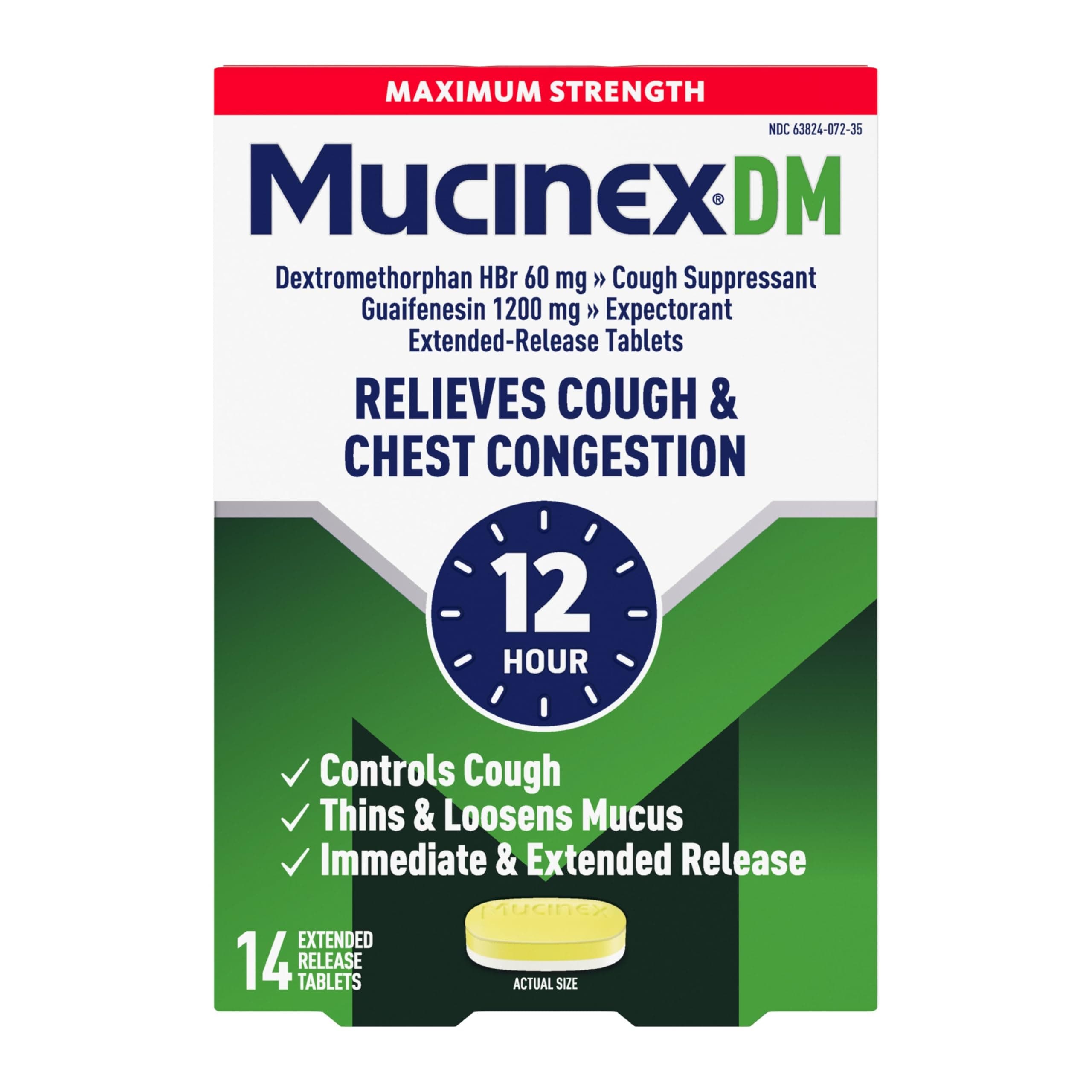 DM 12Hr Maximum Strength Chest Congestion & Cough Medicine For Adults, Cold And Cough Medicine for Excess Mucus Relief, 1200 mg Guaifenesin & 60 mg Dextromethorphan HBr, 14 Bi-Layer Tablets