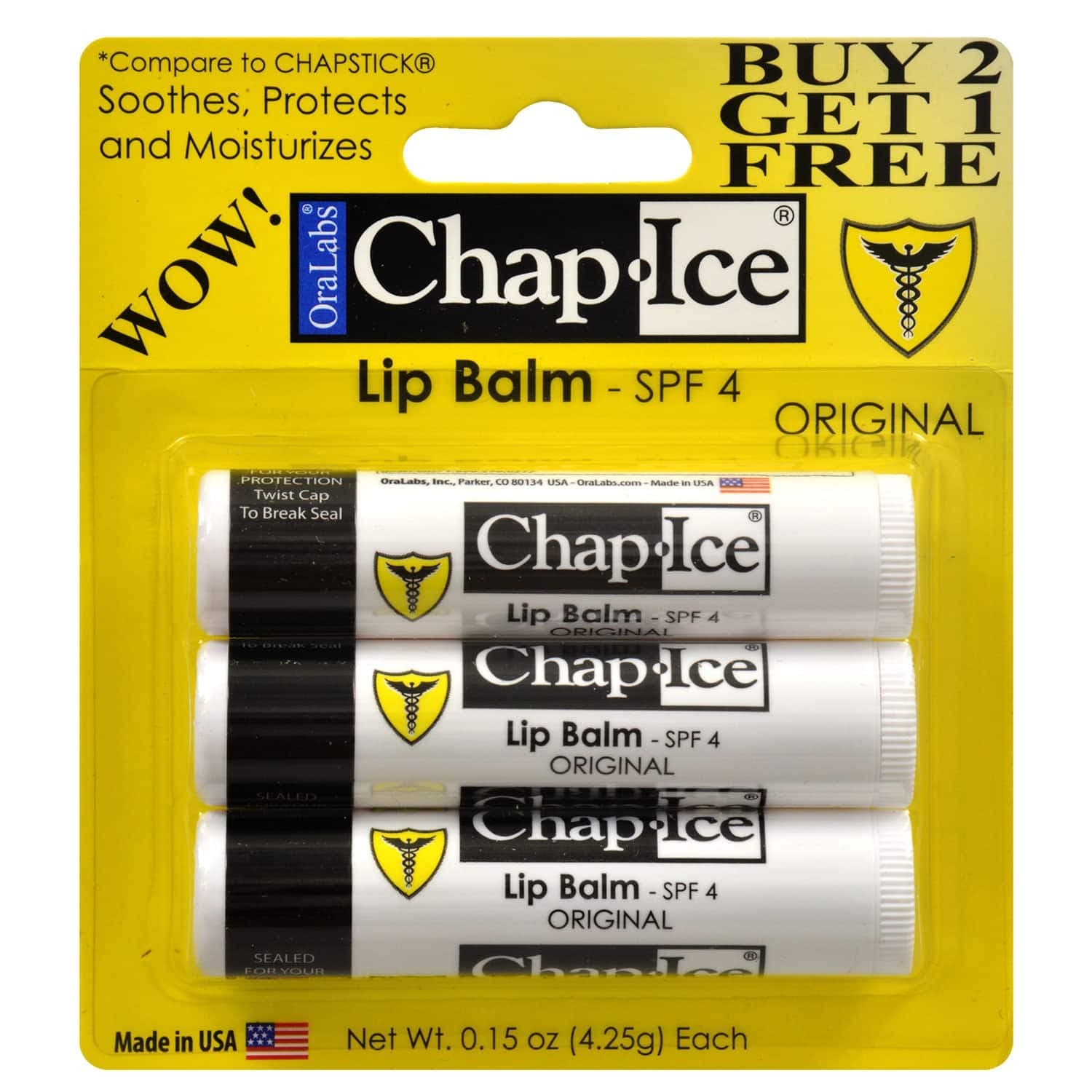 Chap-Ice SPF 4 Premium Lip Balm, Original , 3 pack
