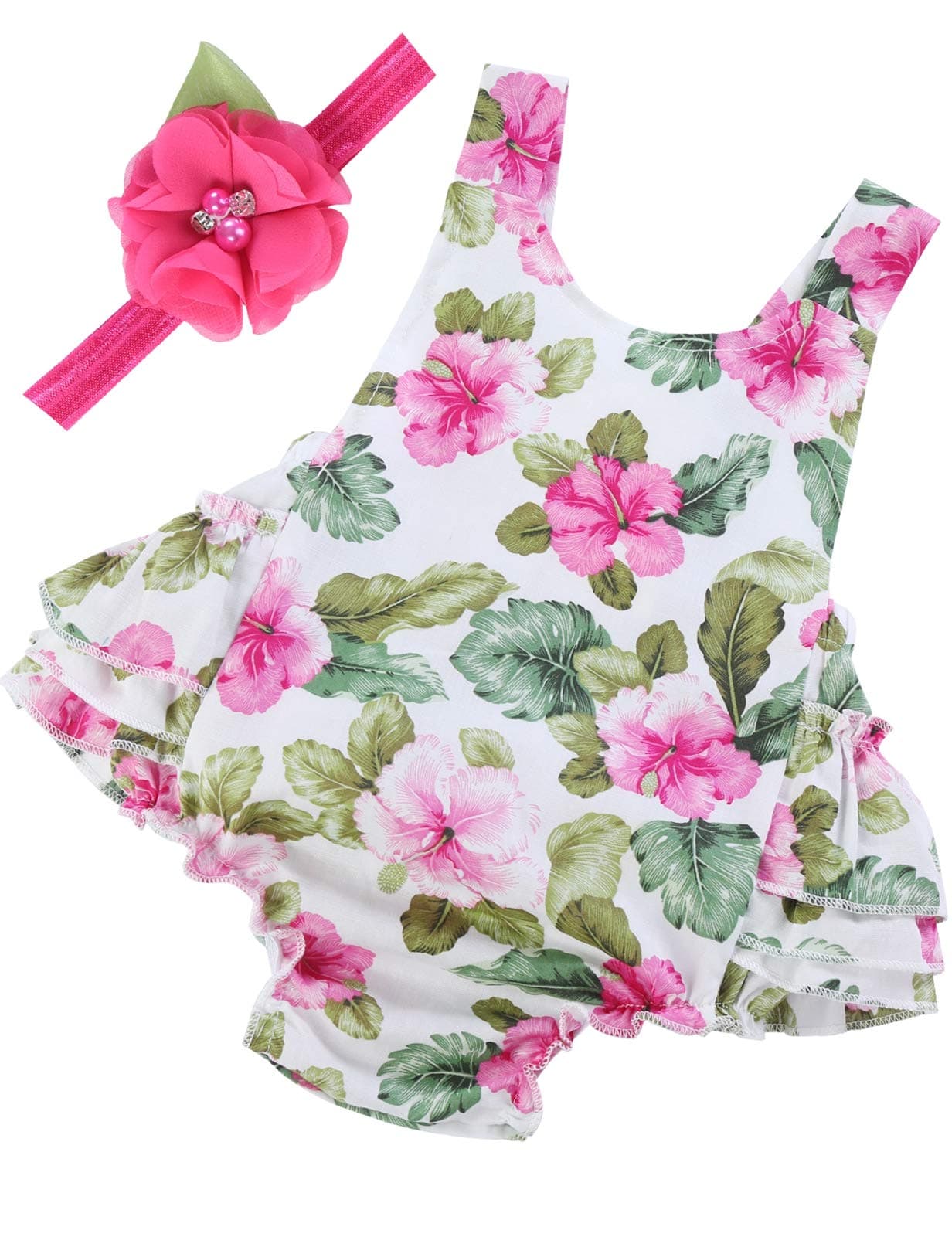 Baby Girl Clothes Rose Flower Floral Ruffles Summer Cake Smash Outfits and Headband for Newborn Gifts,A28,7-12 Months(Size M)