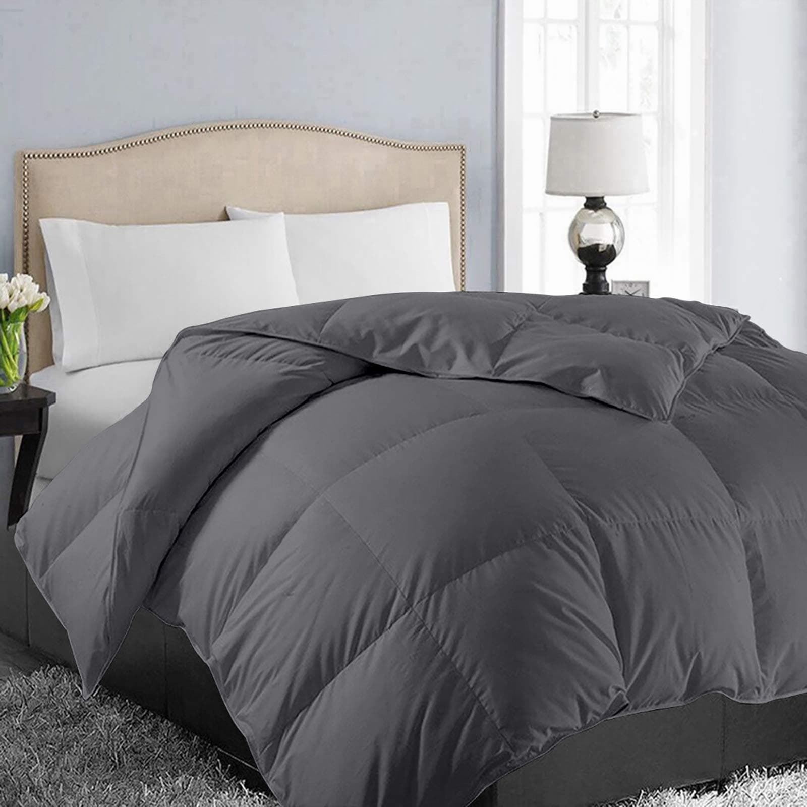 EASELAND All Season Oversized Queen Soft Quilted Down Alternative Comforter Reversible Duvet Insert with Corner Tabs,Winter Summer Warm Fluffy,Dark Grey,98x98 inche