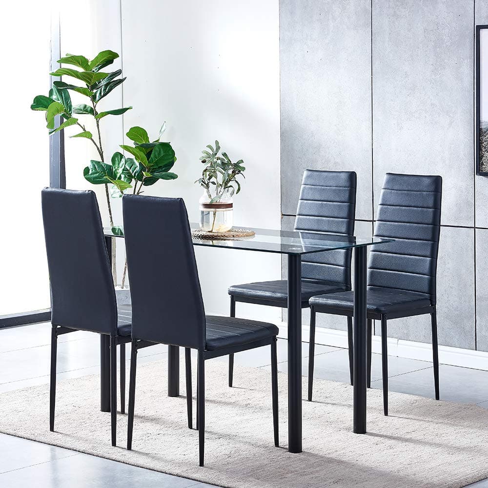 huiseneu Modern Black Glass Dining Room Chairs and Table Set 4 Faux Leather Chairs for Kitchen Furniture (1 Table 4 Chairs)