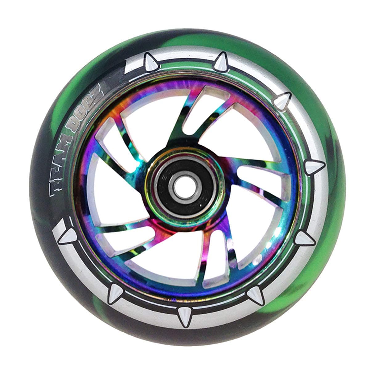 1 x Team Dogz 100mm Rainbow Swirl Alloy Stunt Scooter Wheel With Mixed 88A PU Rubber And Neo Chrome Oil Slick Jet Fuel Core (Green & Black PU)