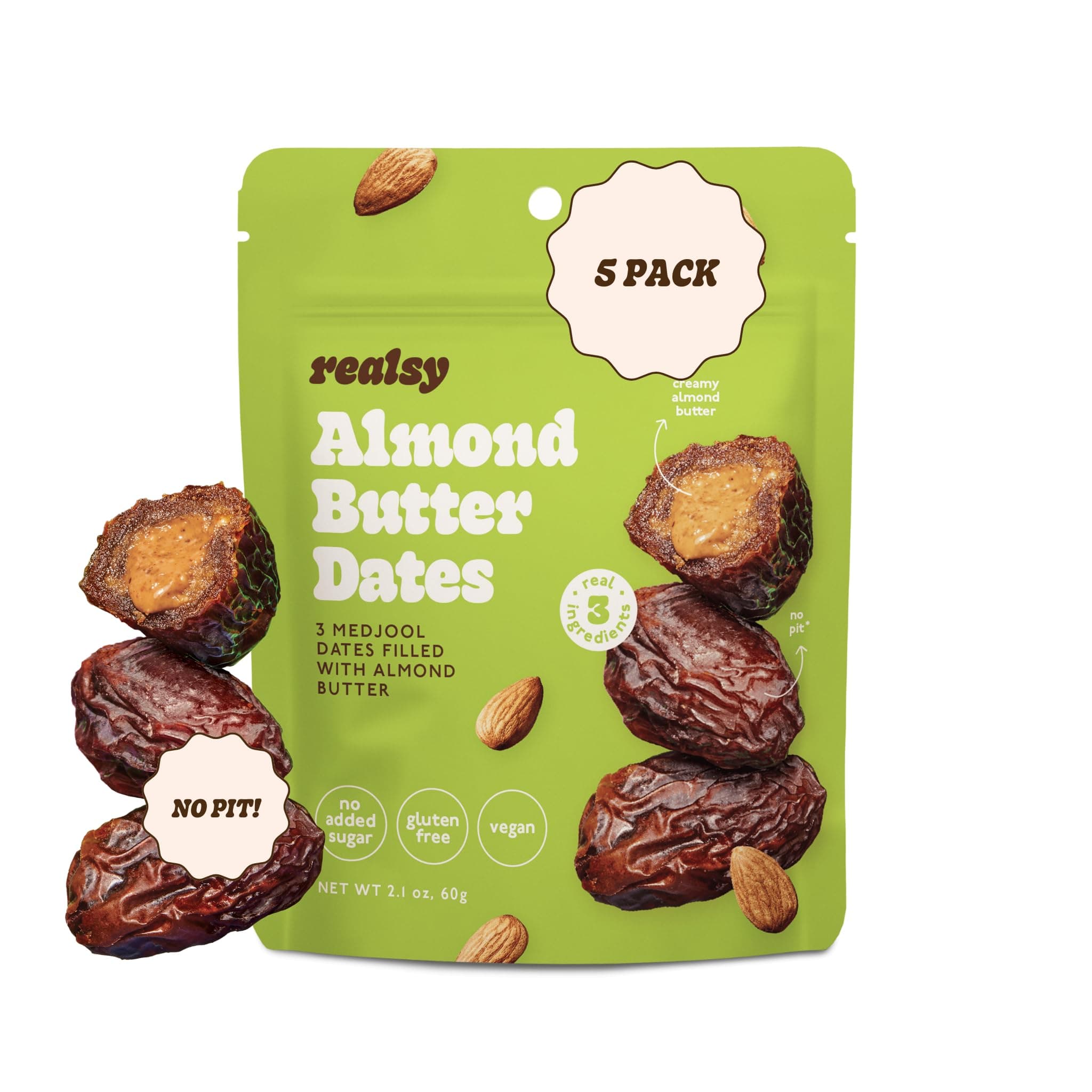 Realsy Pitted & Stuffed Medjool Dates, Organic Dates with No Sugar Added, Gluten-Free, Vegan, Good Source of Fiber, Low Glycemic Index, All Natural Healthy Snack (Almond Butter 5 Pack)