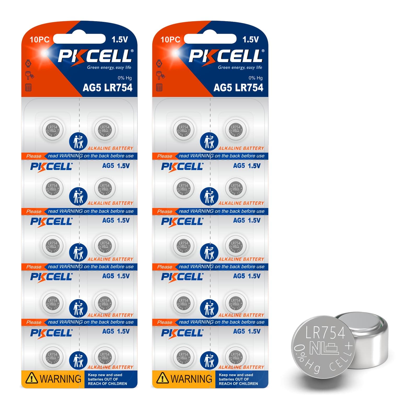 PKCELL LR754 Battery AG5 Button Cell Battery 1.5 Volt 309 393 SR754W Alkailine Coin Batteries (20 Count (Pack of 1))