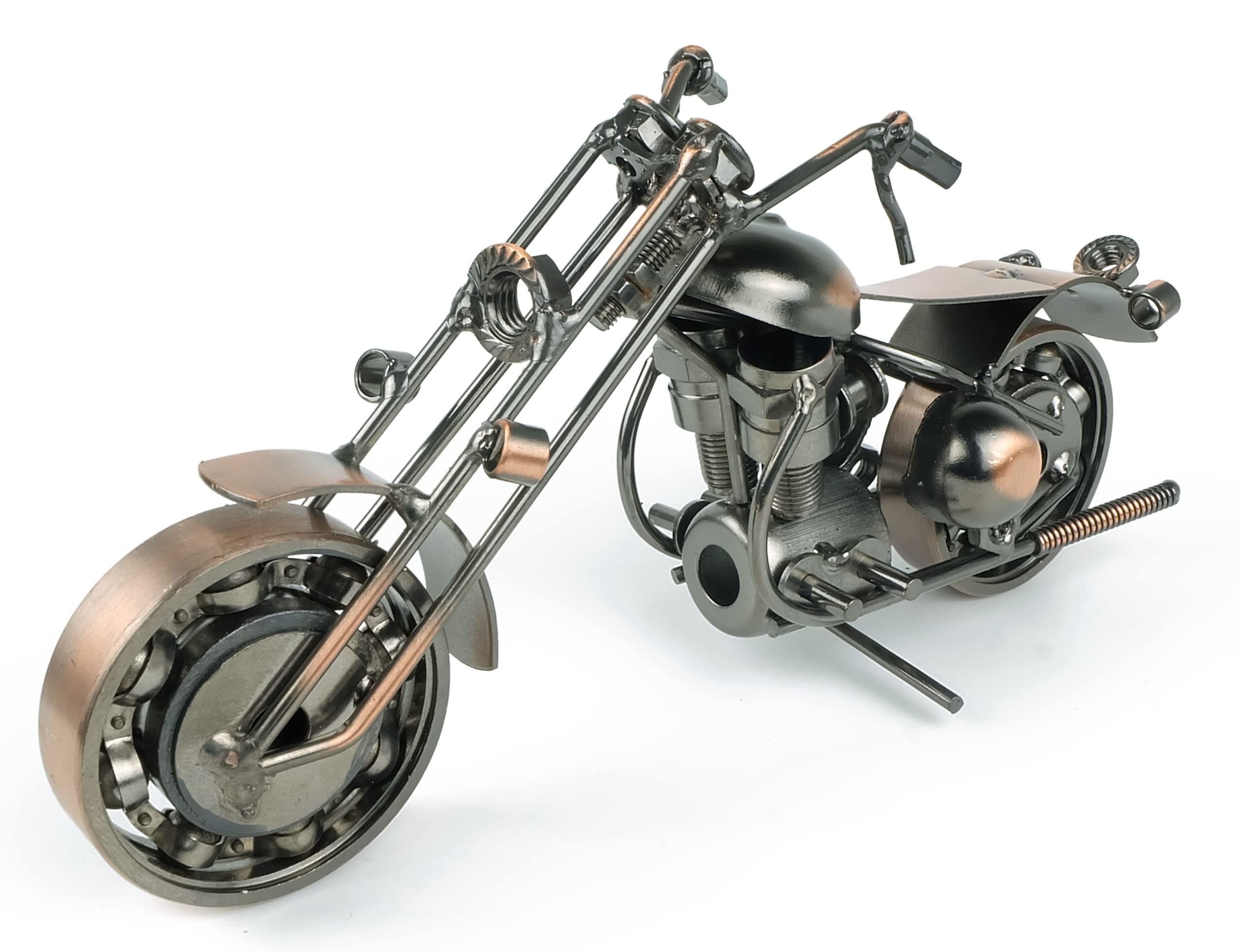 TRANSGOOD Handmade Metal Motorcycle Model with Rolling Wheels, 9" Vintage Steampunk Bike Sculpture, Heavy-Duty Iron Desk Decor, Unique Biker Gift for Dad Husband, Industrial Man Cave Office Home Art