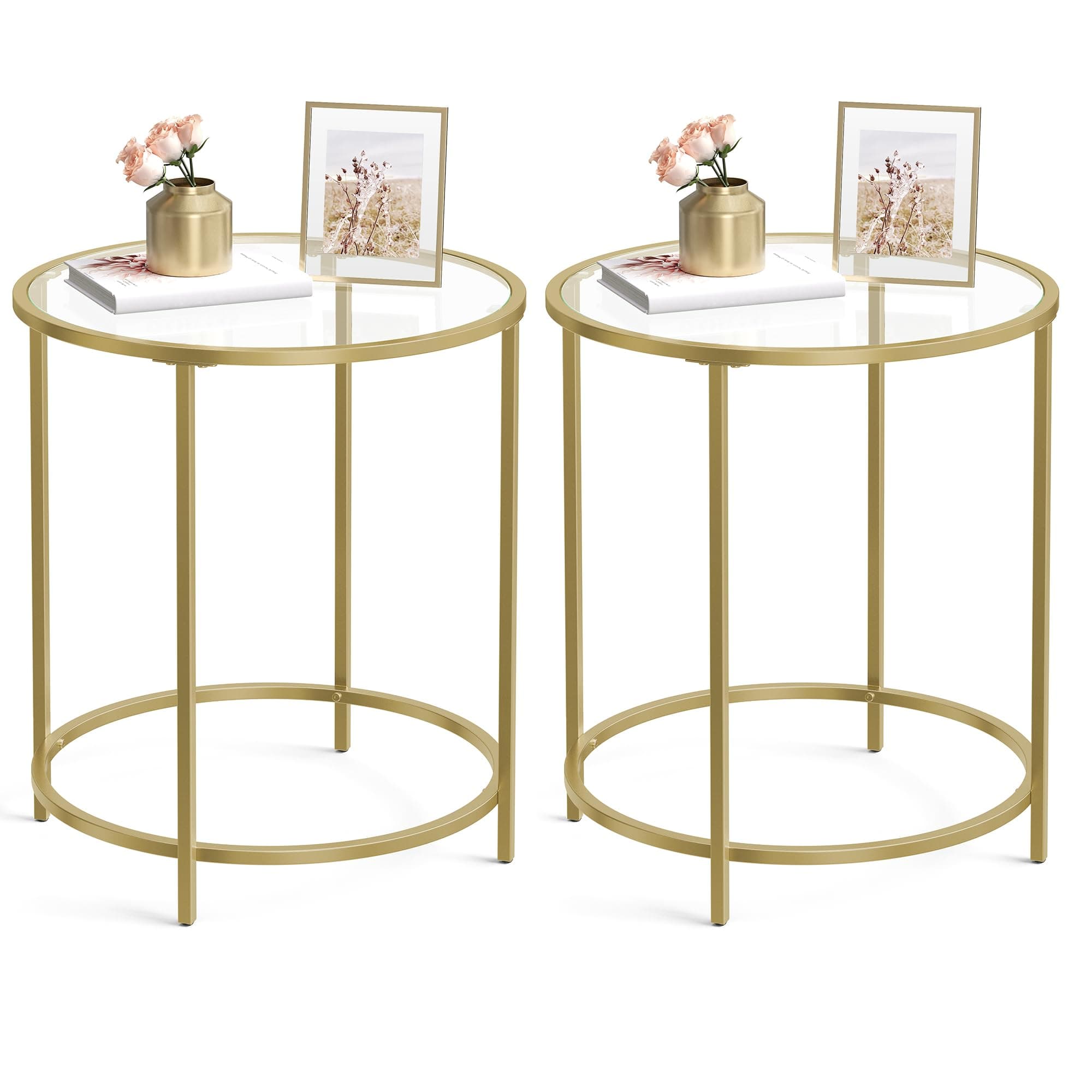 VASAGLE Round Side Tables, Set of 2, Glass End Tables with Metal Frame, Gold Coffee Tables with Modern Style, for Living Room, Balcony, Bedroom, Gold Color