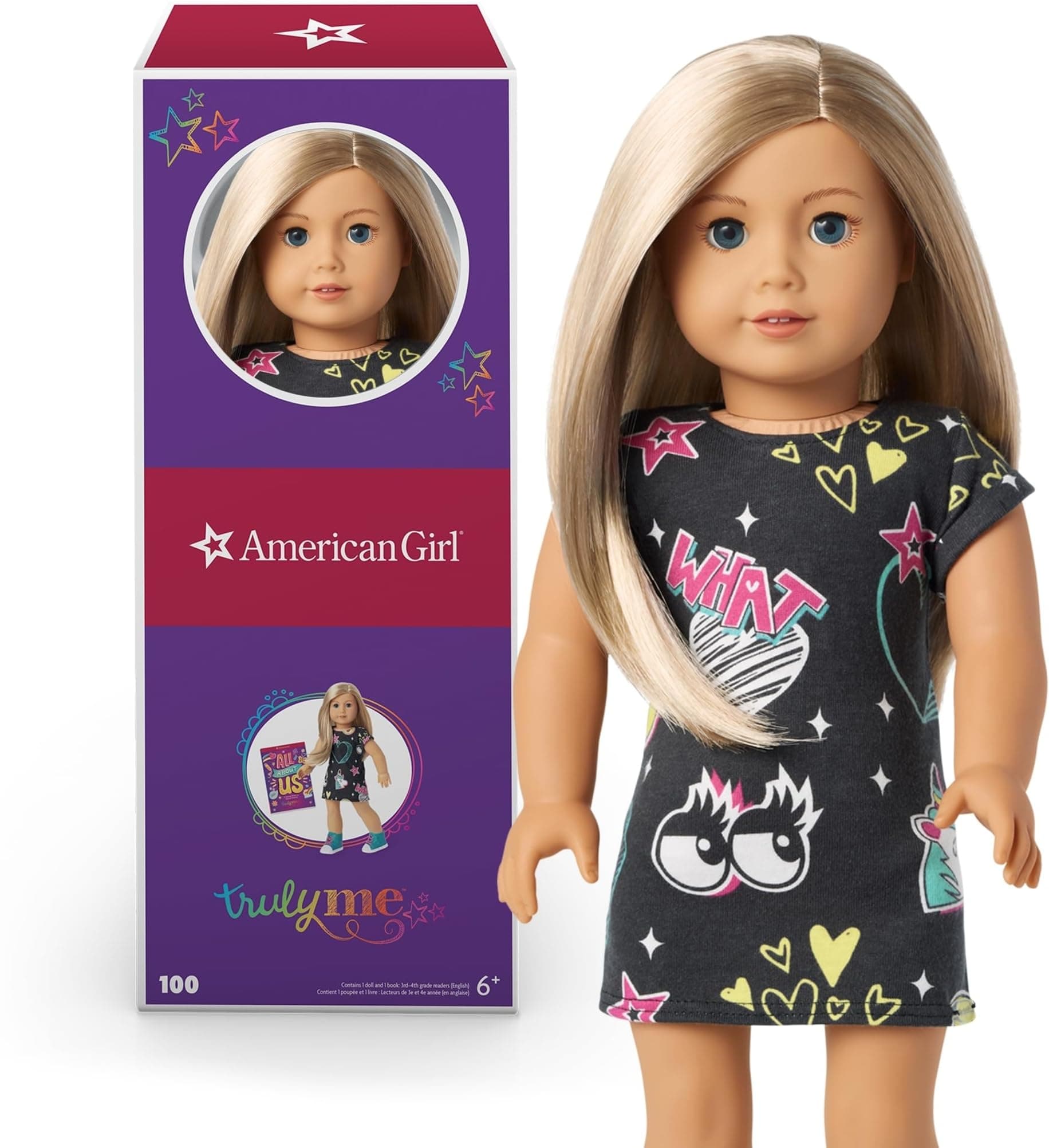 American Girl Truly Me 18-Inch Doll 100 with Dark-Blue Eyes, Layered Straight Blonde Hair, Light-to-Medium Skin with Warm Undertones, Black Printed T-Shirt Dress