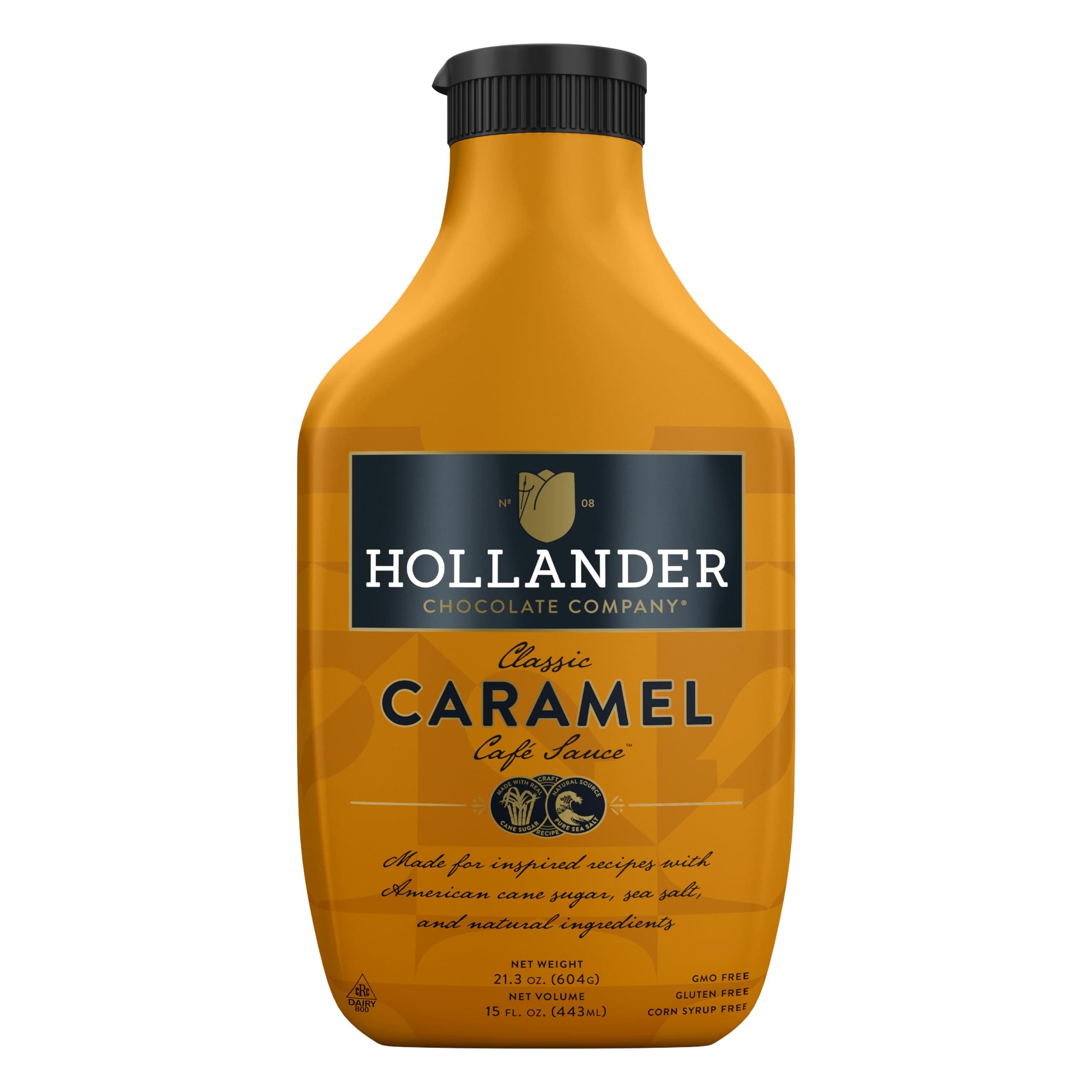 Hollander Chocolate Caramel Café Sauce | GMO Free |15 fl. oz. Squeeze Bottle | Flip Cap