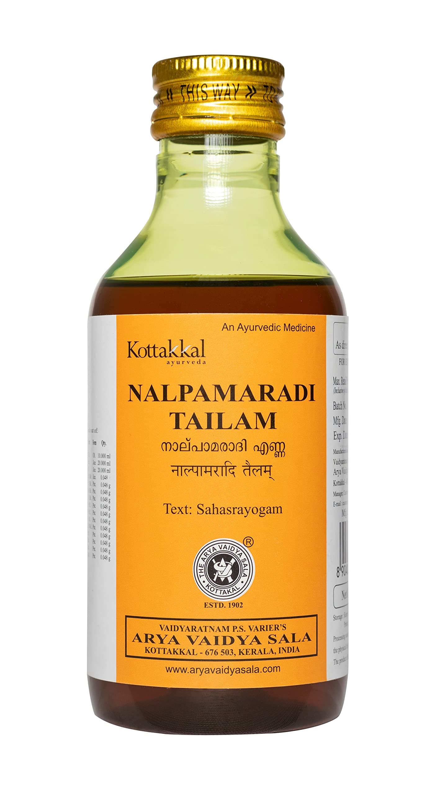 Kottakkal ayurveda Nalpamaradi Tailam - Oil, 200 Ml, For Hair & Skin (Pack Of 1) - Packaging may vary