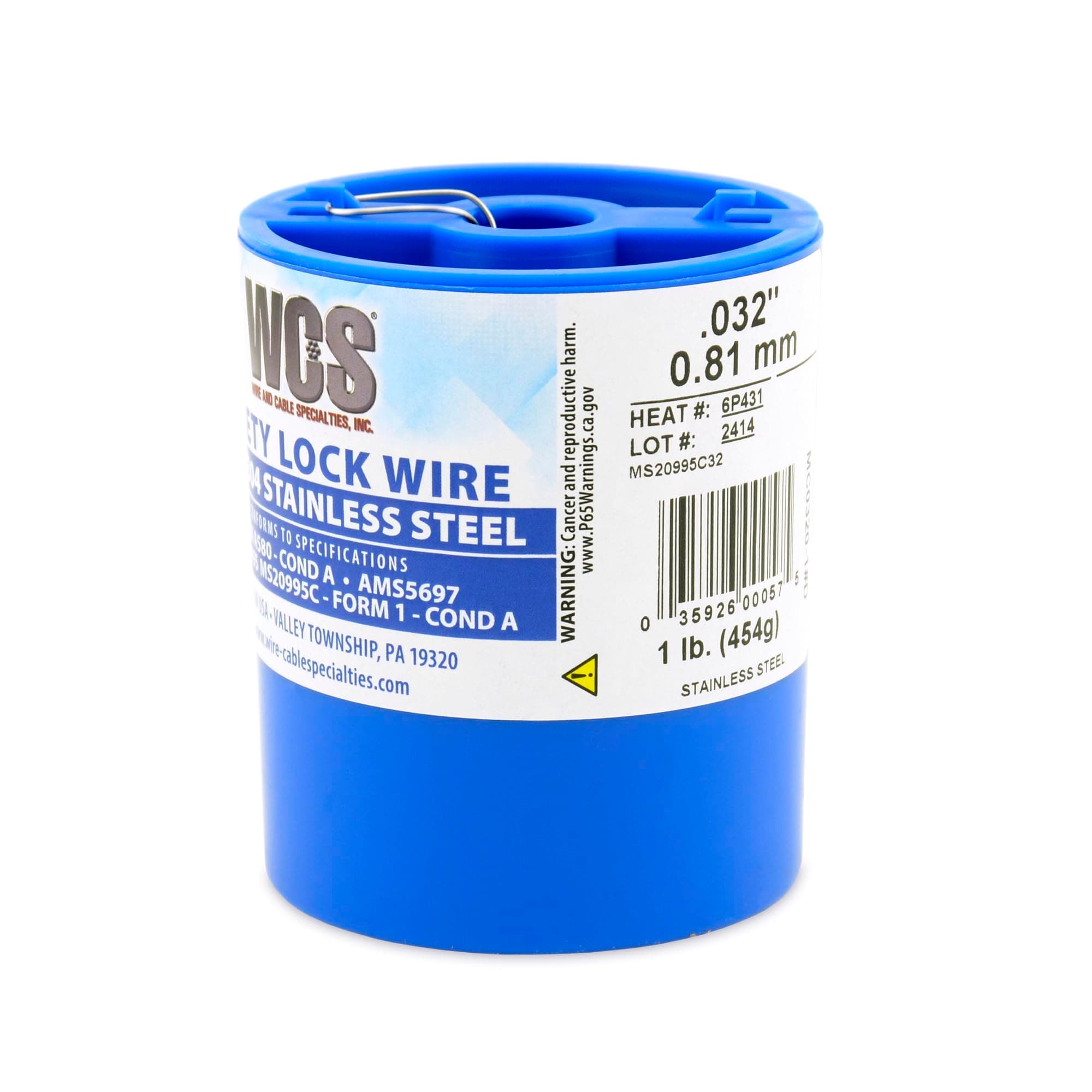 Lock Wire, T302/304 Stainless, NASM20995, MS20995C, ASTM A580 Cond A, AMS5697, 032 in (0.81 mm), 1 lb (0.45 kg) Dispenser Can, approx. 362 ft (110 m)