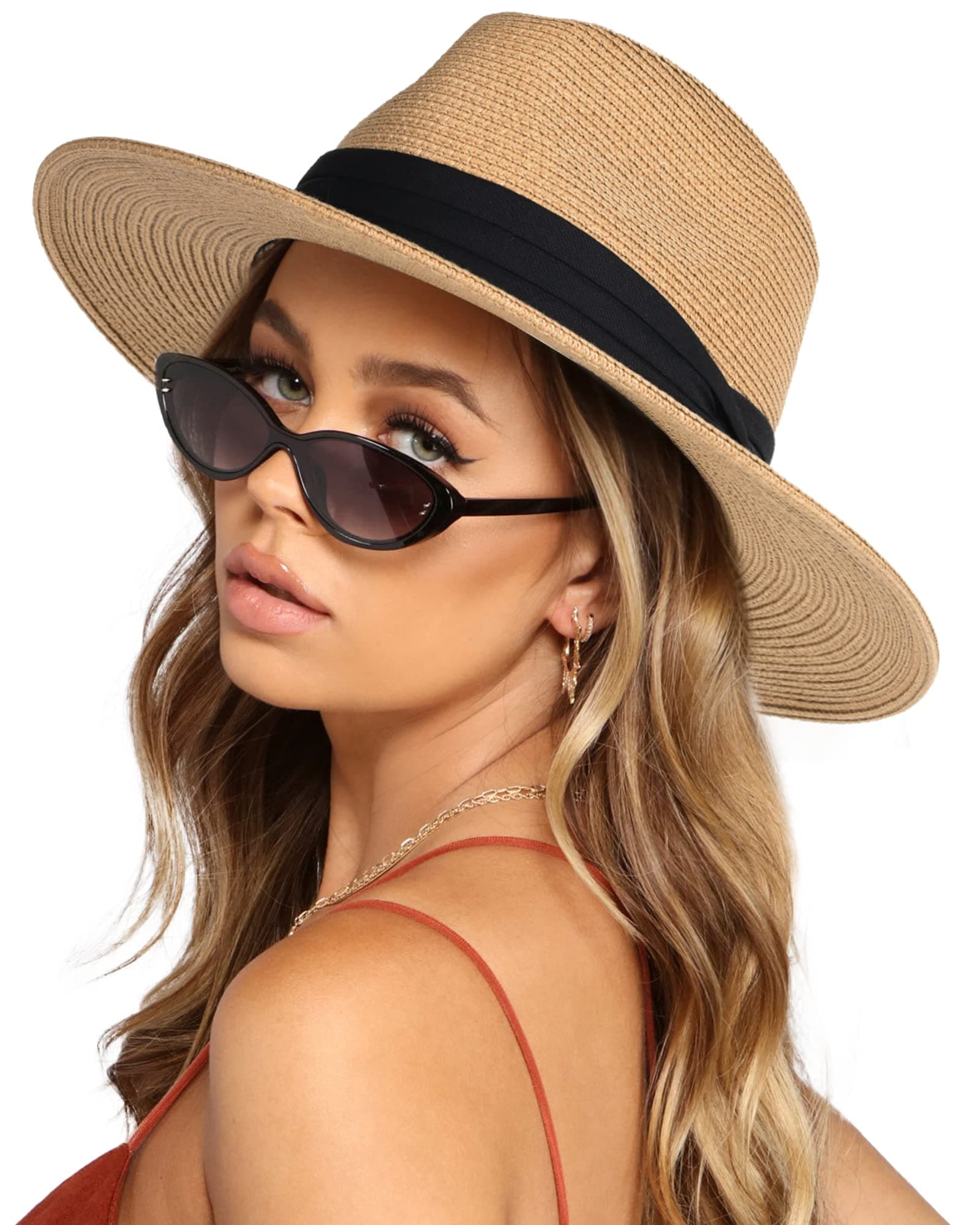 Sun Hats for Women Men Adjustable Summer Panama Fedora Wide Brim UPF 80+ Foldable Packable Straw Beach Hat