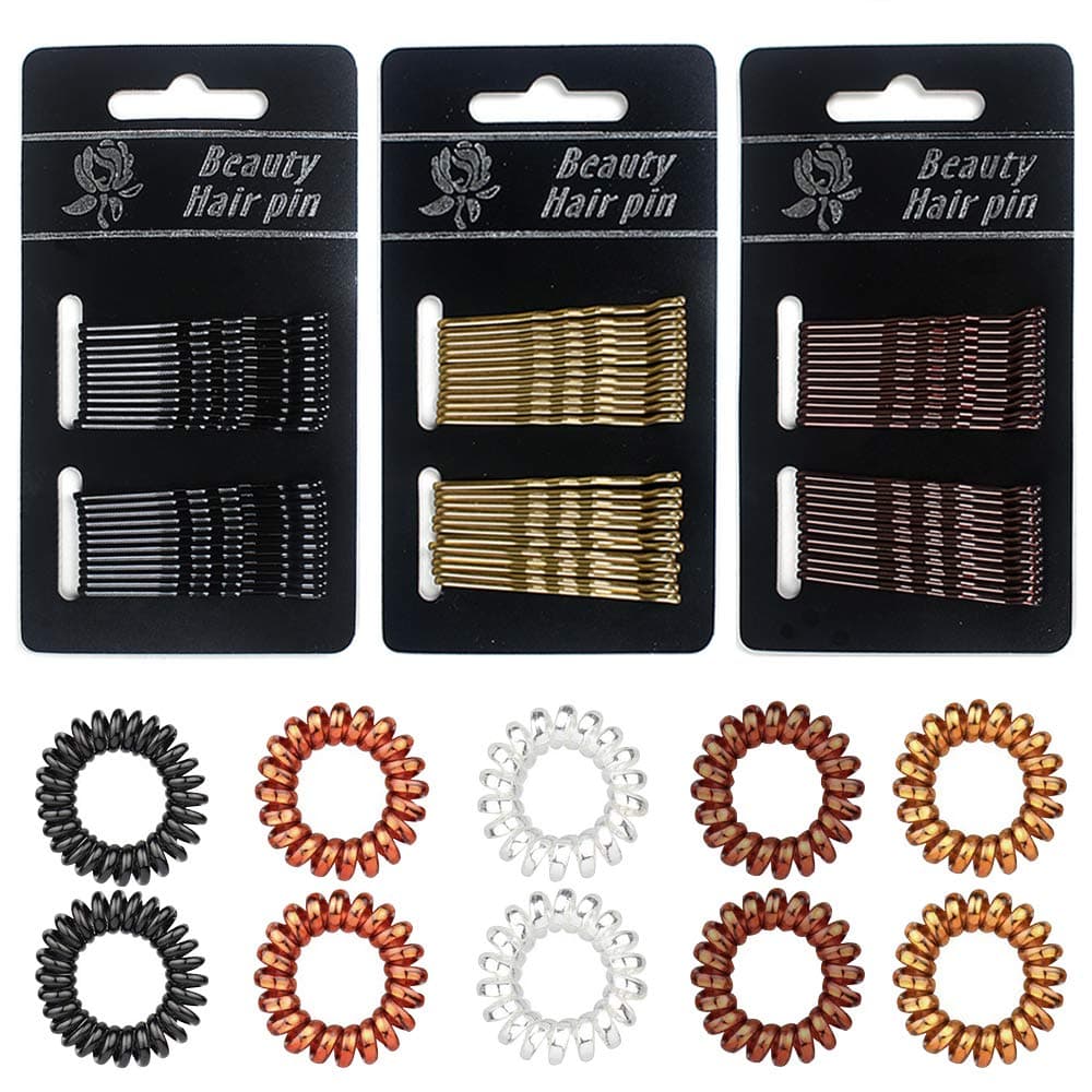 Spiral Hair Coils Elastic Hair Ties Ponytail Holders Styling Bobby Pins No-slip Hair Pin Hair Accessory Set for Girls and Women, Gold, Coffee, Transparent, Black (82 Count)