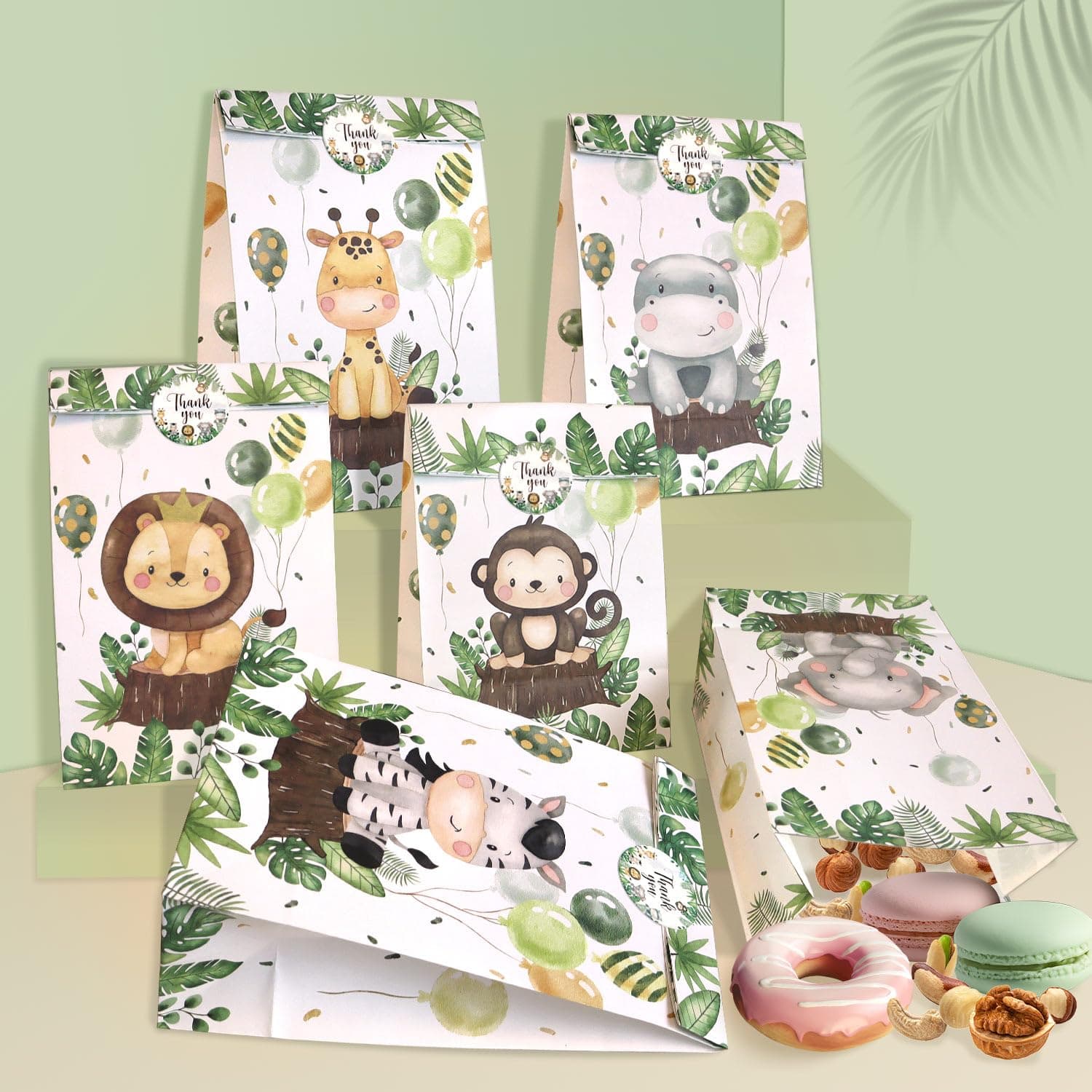 24 Pack Jungle Party Bags, Wild One Birthday Decorations Safari Animal Kids Party Bags with 30 Stickers Baby Showe Gift Bag Kraft Paper Bag Children's Small Gift Bag Filler