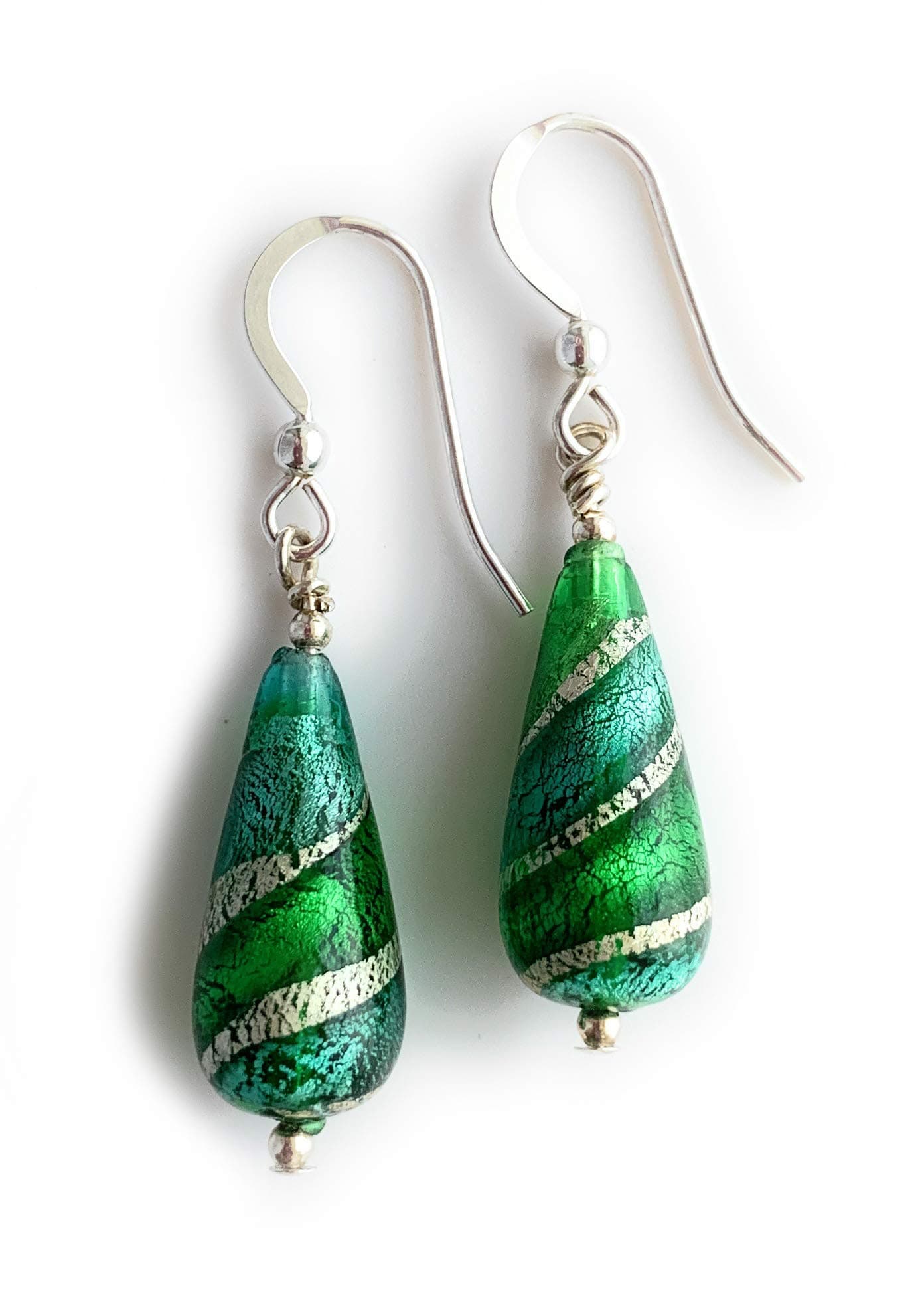 Diana Ingram earrings with dark green (emerald), teal (green, jade) and white gold Murano glass short pear drops on Sterling Silver or 22 Carat gold vermeil hooks