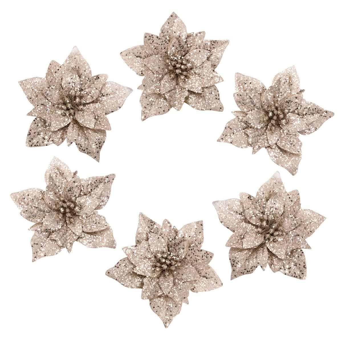 ARCCI 6" Artificial Gold Glitter Poinsettia Christmas Flower, Xmas Tree Ornaments Holiday Decoration, 6 PCS, Champaign Gold