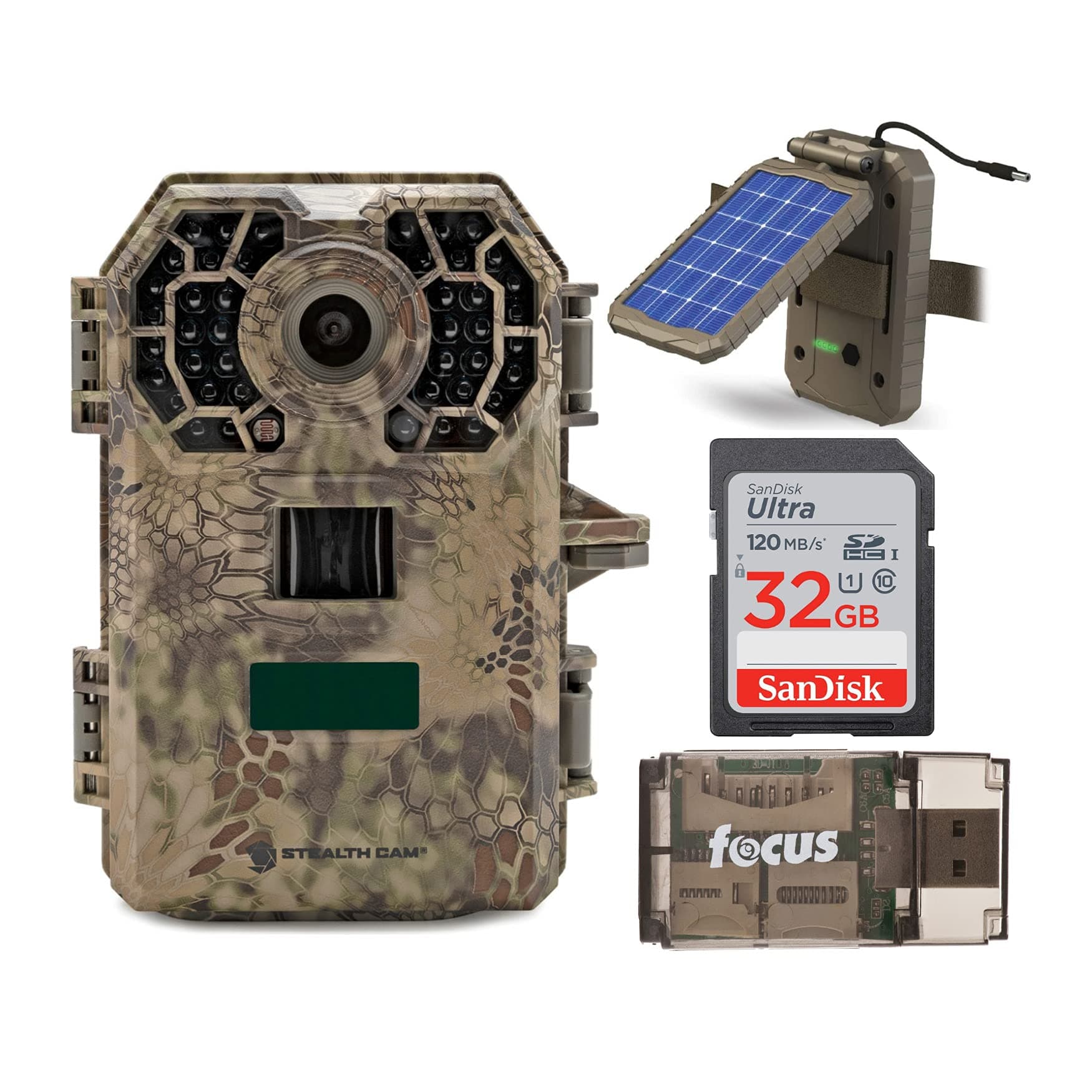 Stealth Cam2022 G42NG 32MP No Glow Trail Camera (Kryptek Camouflage) Bundle with Solar Power Panel and 32GB Memory Card (4 Items)