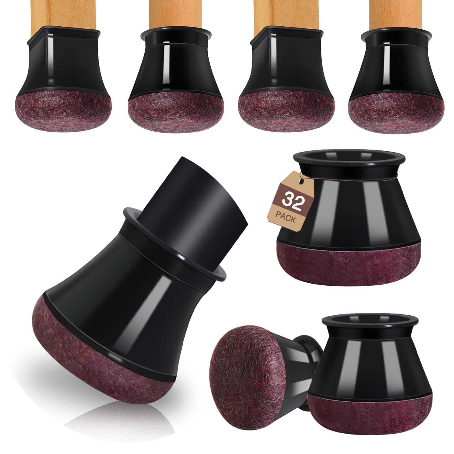 MUYOS 32 Pcs Chair Leg Floor Protectors Furniture Pads Floor Protectors for Hardwood Floors Large Chair Sliders Silicone Covers with Stronger Felt Pads Black (Fit:30.1-40mm)