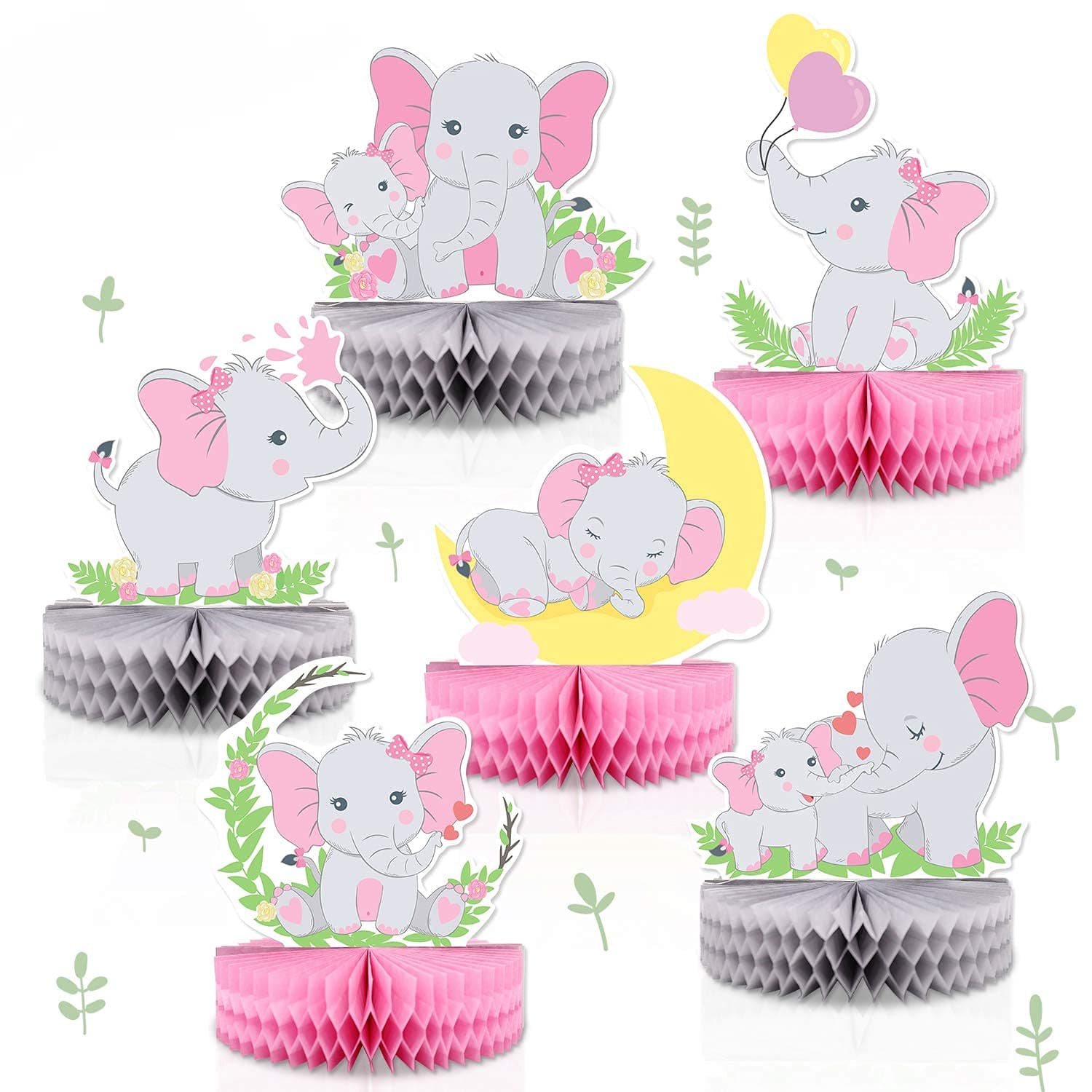 6 PCS Pink Elephant Honeycomb Centerpieces Baby Girl It's A Girl Table Decorations Pink Little Peanut Cutouts for Pink Elephant Theme Baby Shower Birthday Party Supplies