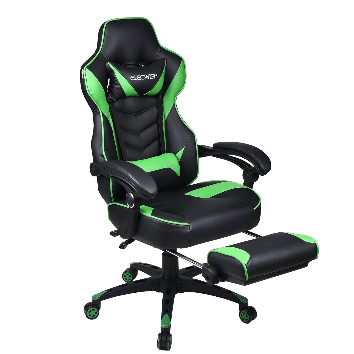 YOURLITEAMZ Computer Gaming Chair with Footrest,High Back Swivel Office Desk Chairs with Lumbar Support,Ergonomic Design with Cushion,PU Leather Black & Green